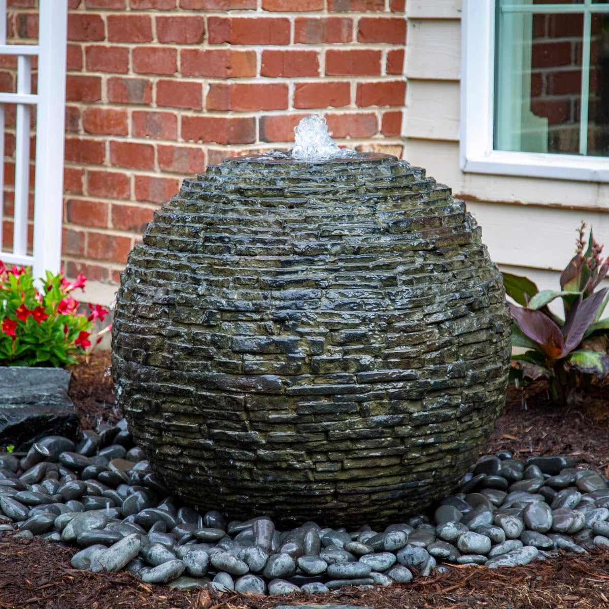 78288 Fiber-resin Stacked Slate Sphere Fountain, Multicolor