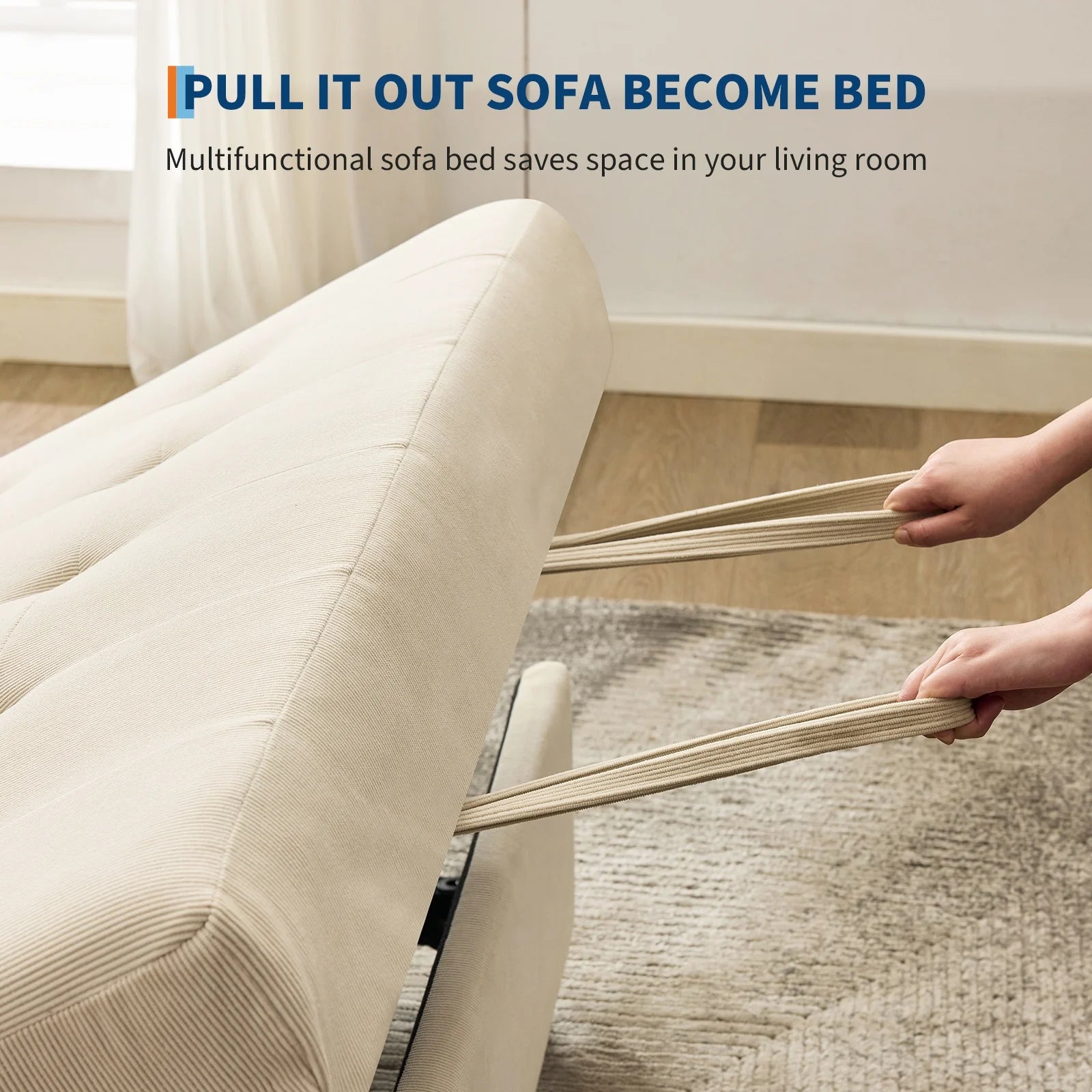3 in 1 Convertible Sleeper Sofa Bed, Corduroy Futon Couches with Pull-Out Bed, Adjustable Backrest, Charging Port & Side Pockets, Modern Upholstered Sofa for Living Room, Guest Room