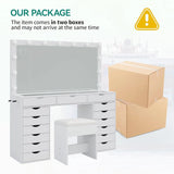 Yanosaku 15 Drawers Vanity Desk with Power Outlet, Makeup Table with Mirror and 13 LED Lights, 3 Color Lighting Modes, Brightness Adjustable, Glass Top Dressing Table, Vanity Set for Bedroom