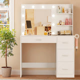 Lacoo Vanity Desk with Mirror and LED Lights, Makeup Vanity with 7 Drawers & 4 Shelves, Vanity Table with Power Outlet for Bedroom Dressing Room, White