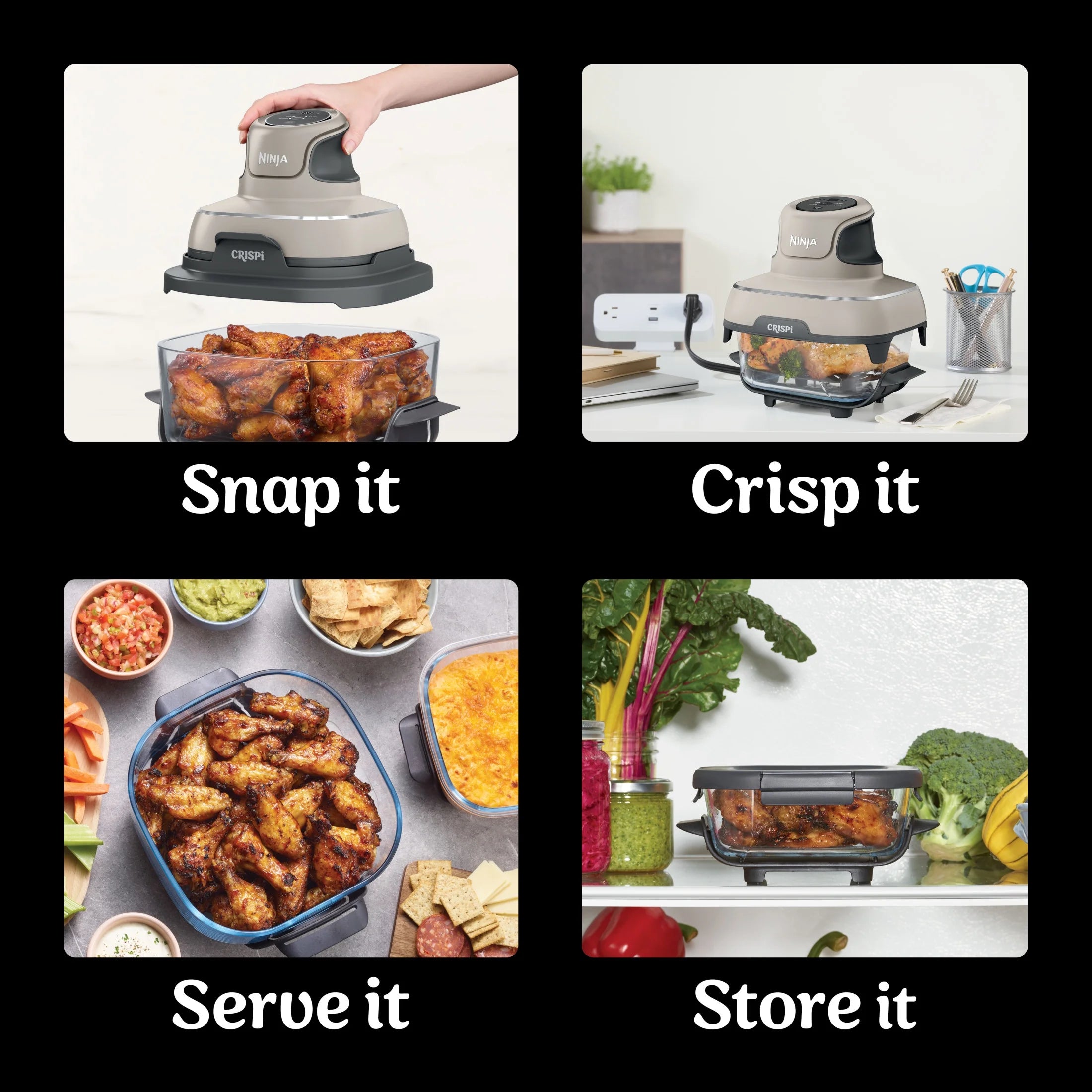 Ninja Crispi 4-in-1 Portable Glass Air Fryer Cooking System, 4-Qt & 6-Cup Containers, Cyberspace