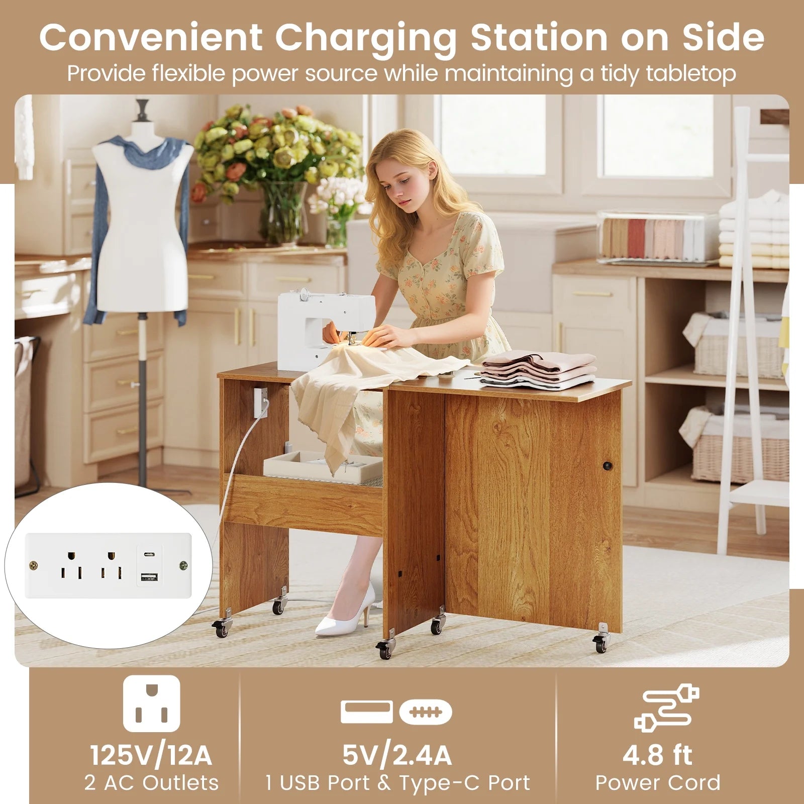 Costway Folding Sewing Table Rolling Craft Station with 3 Storage Bins & Charging Station White+natural