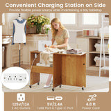 Costway Folding Sewing Table Rolling Craft Station with 3 Storage Bins & Charging Station White+natural