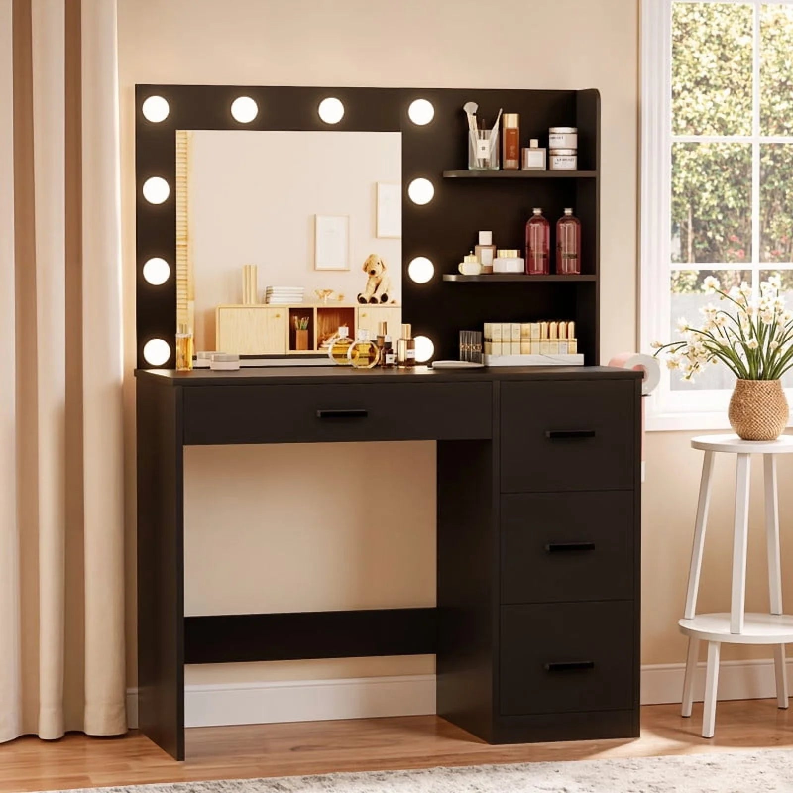 Lacoo Vanity Desk with Mirror and LED Lights, Makeup Vanity with 7 Drawers & 4 Shelves, Vanity Table with Power Outlet for Bedroom Dressing Room, White