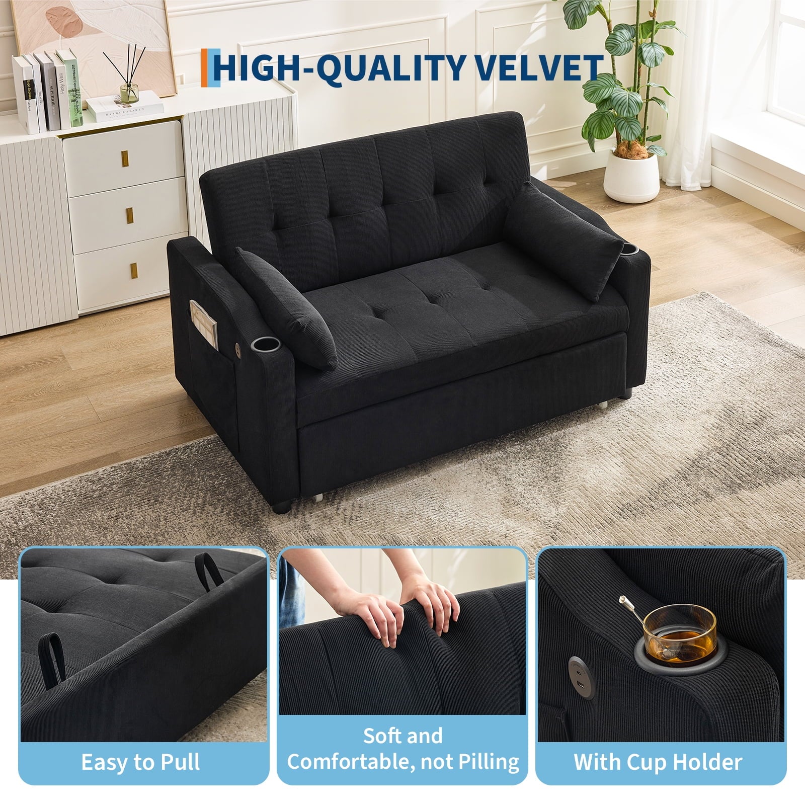 3 in 1 Convertible Sleeper Sofa Bed, Corduroy Futon Couches with Pull-Out Bed, Adjustable Backrest, Charging Port & Side Pockets, Modern Upholstered Sofa for Living Room, Guest Room