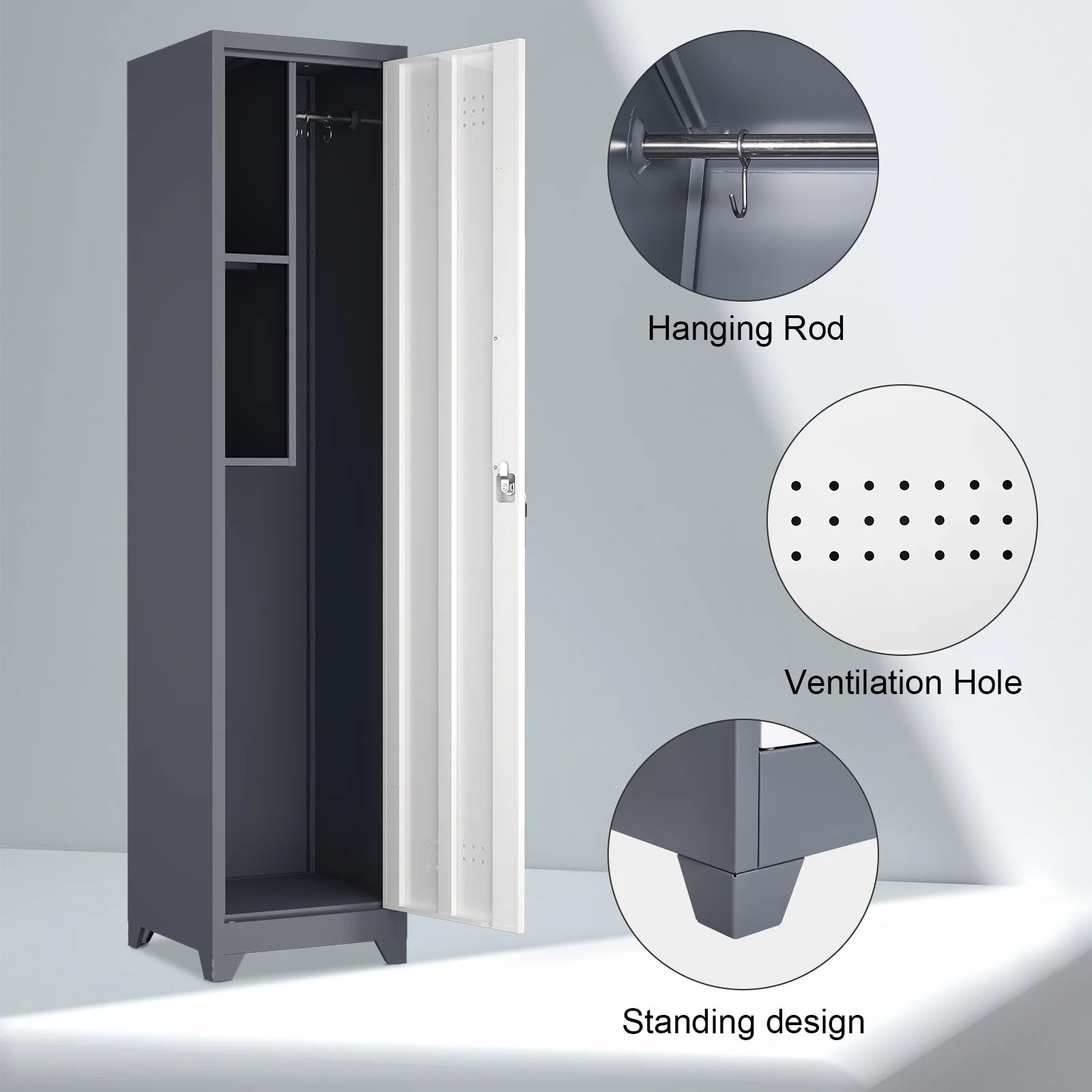 Marcree Slim Broom Storage Cabinet, Metal Cabinet with Shelves and Hanging Rod, 65" Utility Storage Cabinet with Locking Door, Tall Cleaning Storage Cabinet for Kitchen, Pantry, Office, Shop, Garage