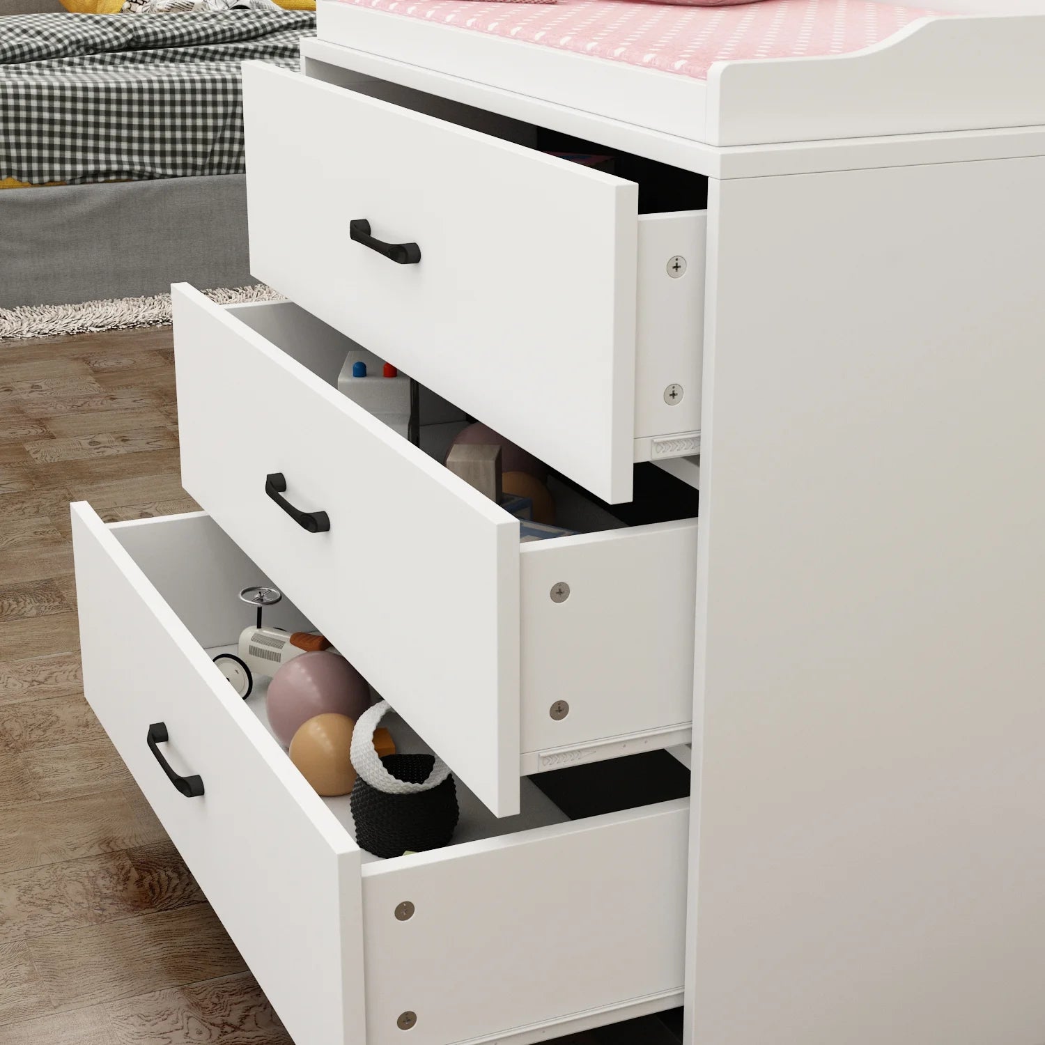 OXYLIFE 45" Baby Nursery Changing Table Dresser with 4 Drawers and Shelf for Nursery Room, White