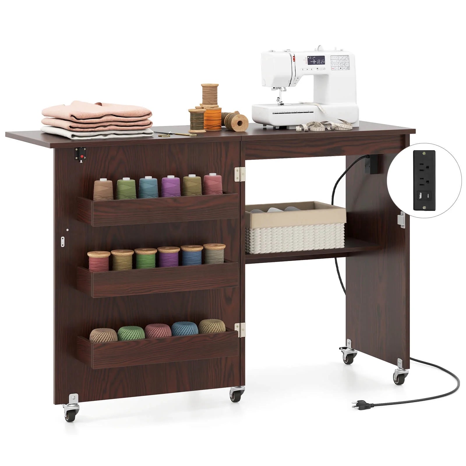 Costway Folding Sewing Table Rolling Craft Station with 3 Storage Bins & Charging Station White+natural