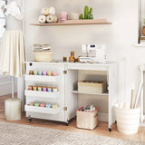 Costway Folding Sewing Table Rolling Craft Station with 3 Storage Bins & Charging Station White+natural