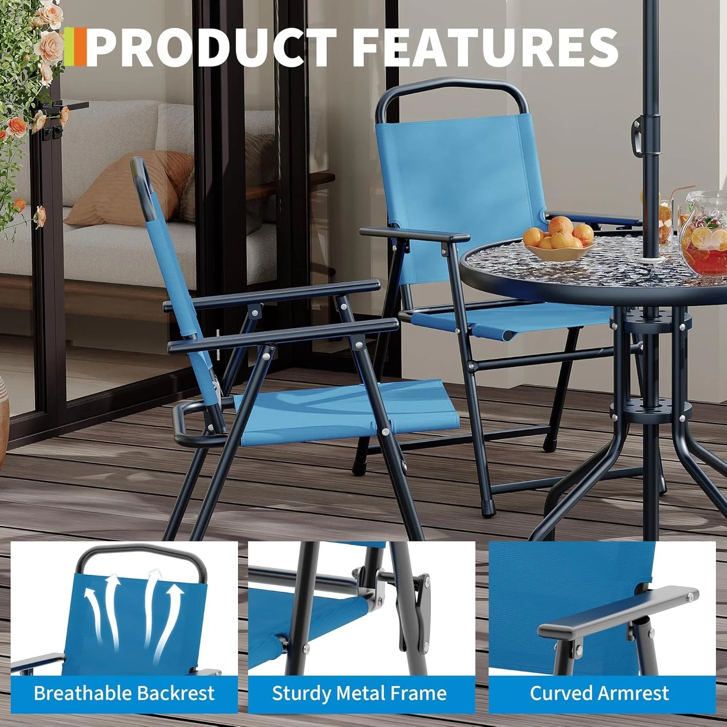 6 Pieces Outdoor Dining Set With Umbrella, Patio Table and 4 Folding Chairs With Umbrella, Garden Patio Furniture Set With Umbrellas, Tempered Glass Top Dining Table