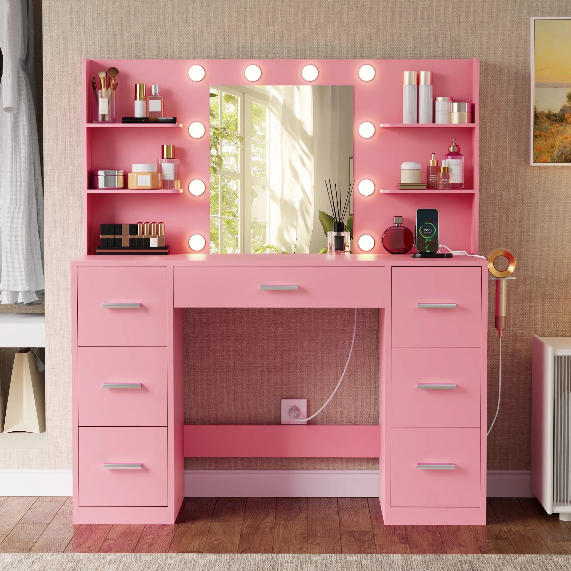 Lacoo Vanity Desk with Mirror and LED Lights, Makeup Vanity with 7 Drawers & 4 Shelves, Vanity Table with Power Outlet for Bedroom Dressing Room, White