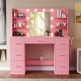 Lacoo Vanity Desk with Mirror and LED Lights, Makeup Vanity with 7 Drawers & 4 Shelves, Vanity Table with Power Outlet for Bedroom Dressing Room, White