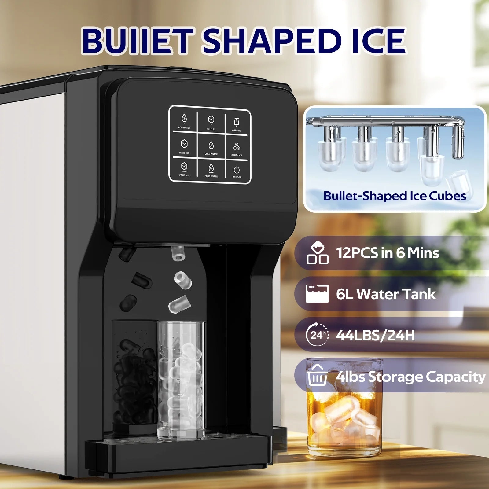 Advwin 3 in 1 Water Dispenser with Ice Maker Countertop, Bullet Ice, Crushed Ice, Water Cooler, 44Lbs/24H, 12 Ice Cube/6Min, Self-cleaning, 4Lbs Ice Storage, Home, Kitchen, Party, RV