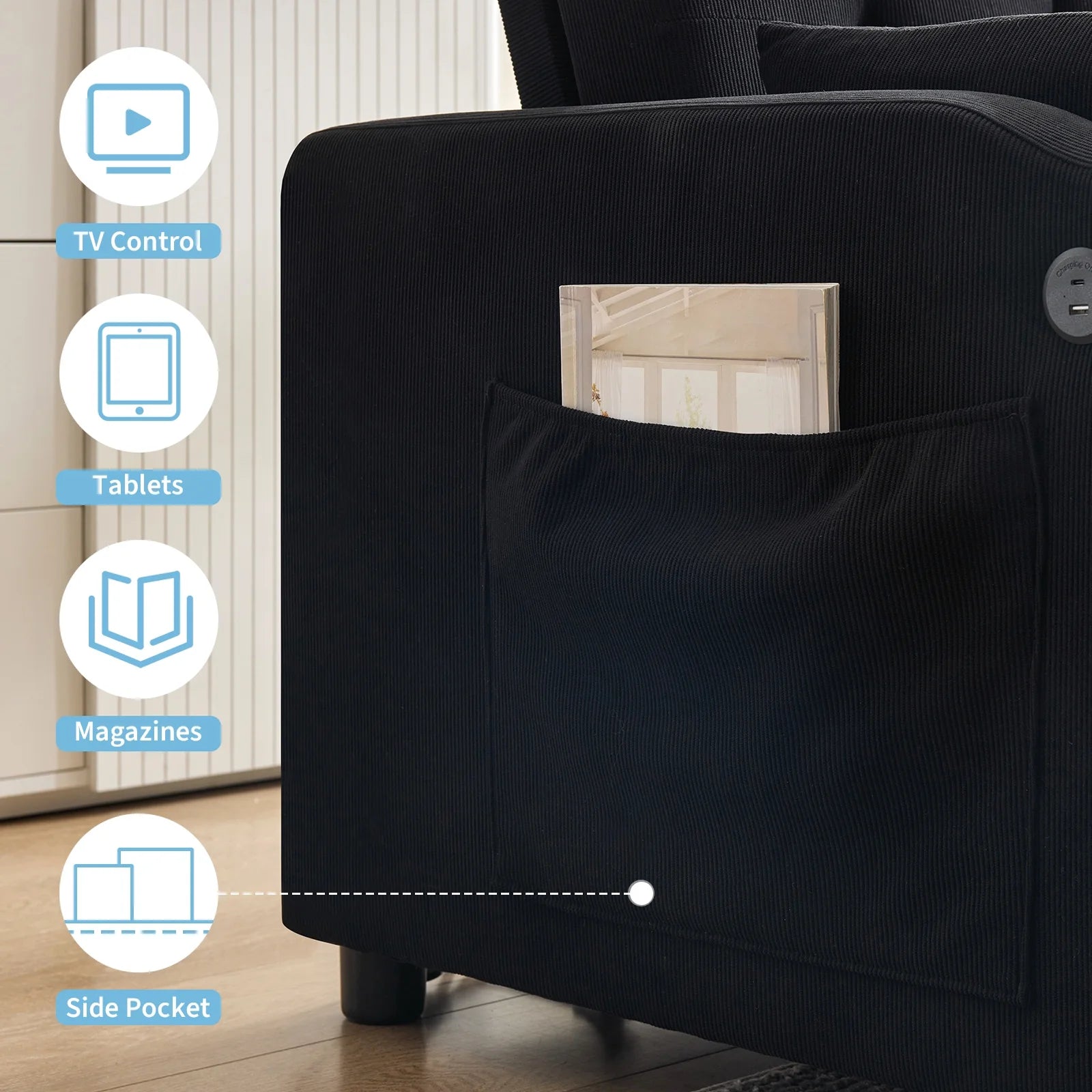 3 in 1 Convertible Sleeper Sofa Bed, Corduroy Futon Couches with Pull-Out Bed, Adjustable Backrest, Charging Port & Side Pockets, Modern Upholstered Sofa for Living Room, Guest Room