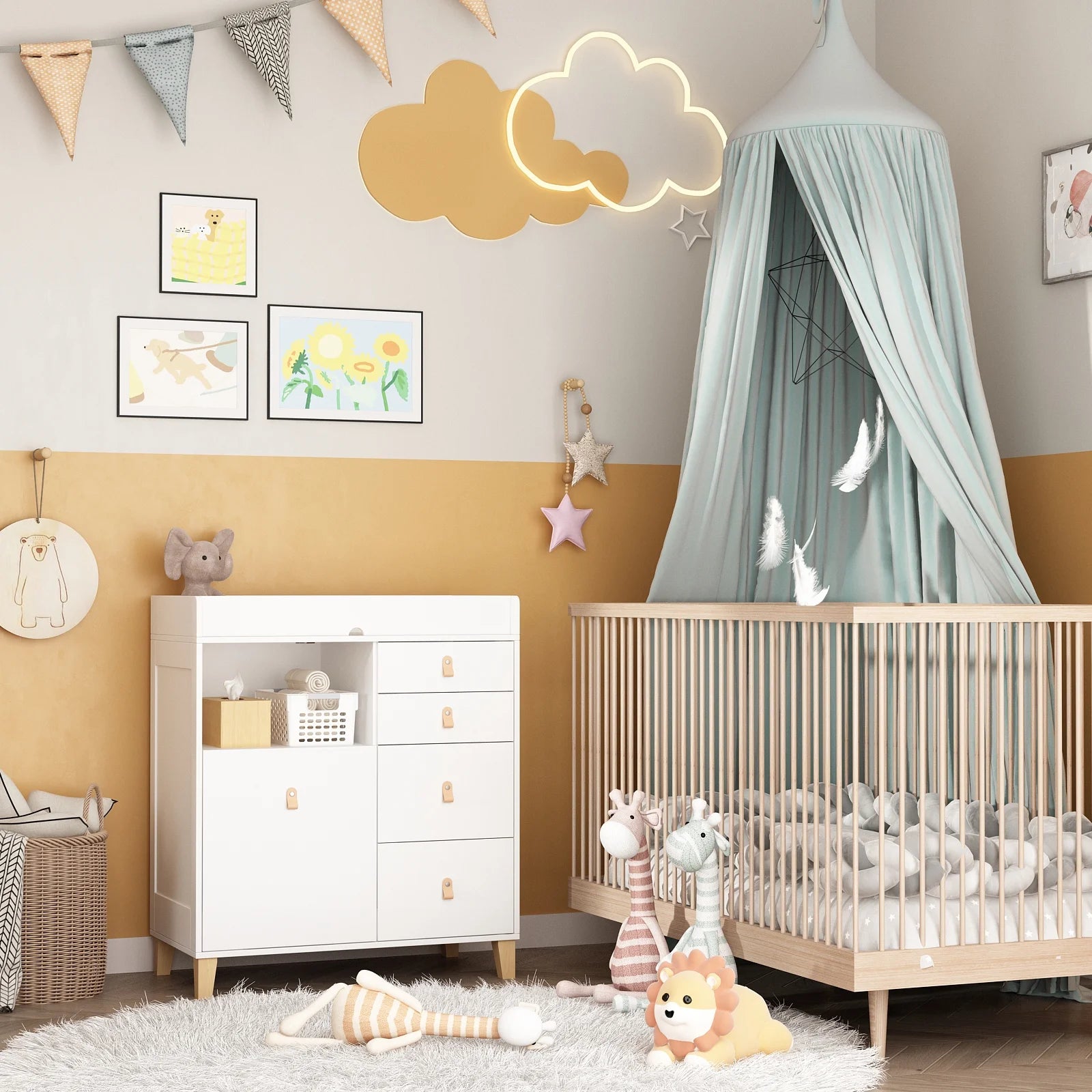 OXYLIFE 45" Baby Nursery Changing Table Dresser with 4 Drawers and Shelf for Nursery Room, White