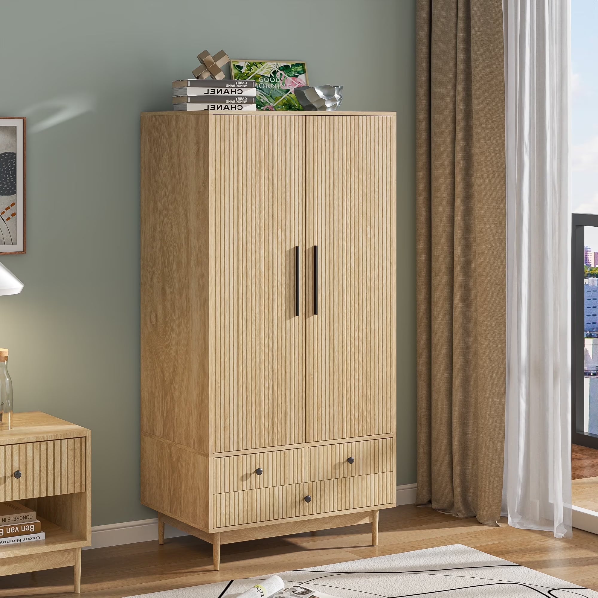 Armoire Wardrobe Closet with 2 Doors, Wardrobe Cabinet with Hanging Rod and Drawers, Wooden Closet for Bedroom, White