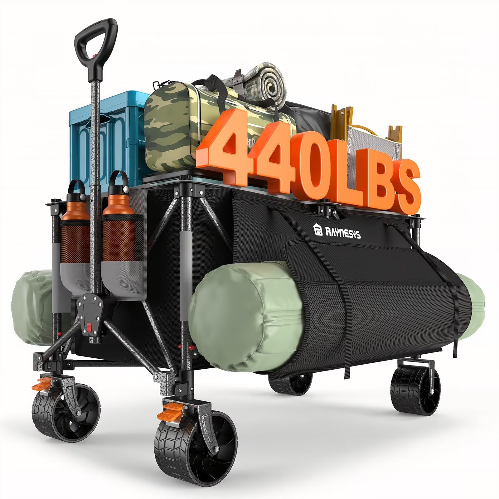 300L Foldable Wagon Cart with Wheels, 440lbs Heavy Duty Beach Wagon for Sand Sports Camping Grocery, Black & Gray