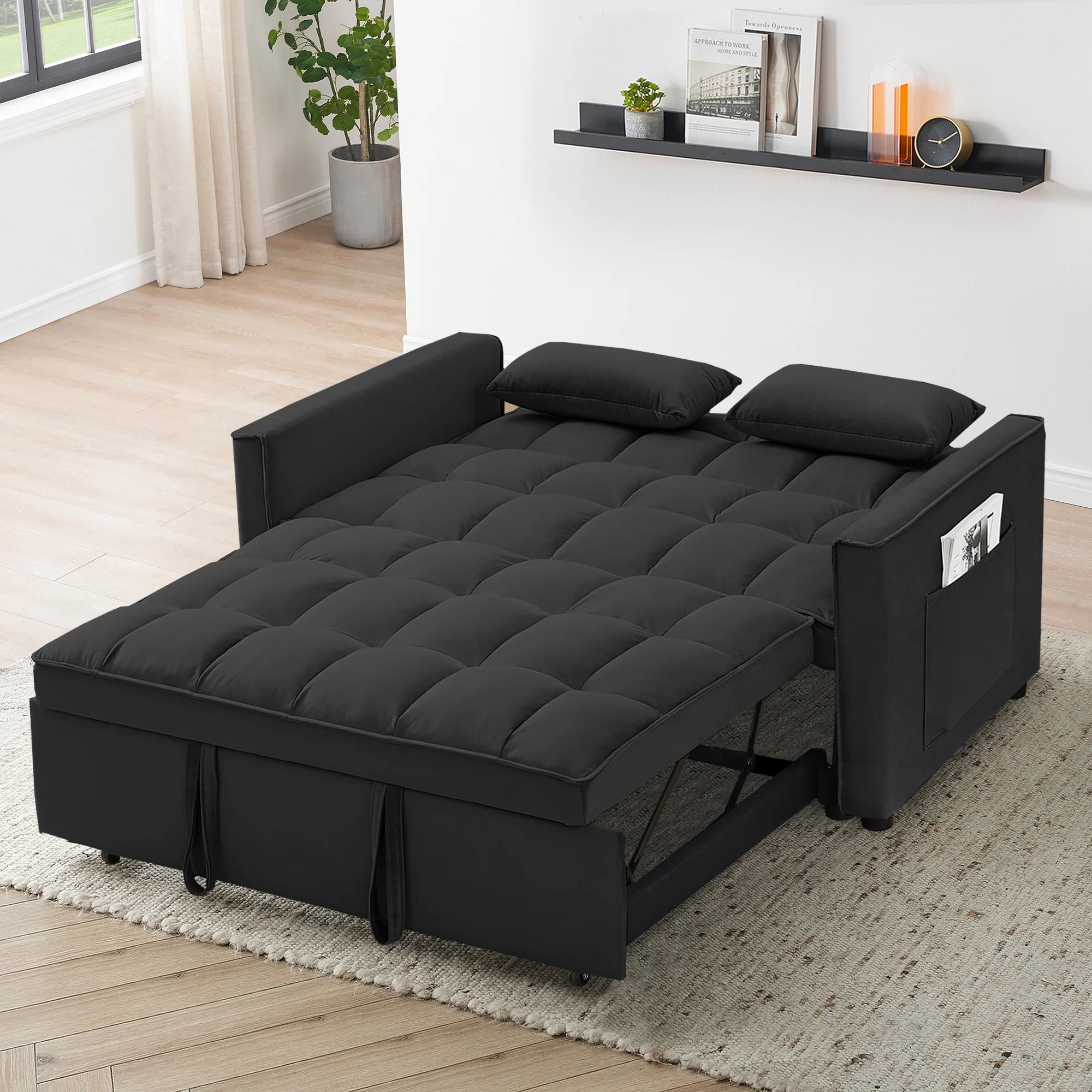 Convertible Sofa Bed,3-in-1 Sleeper Sofa with Pull Out Bed,Velvet Highly Elastic Sponge Futon Couch Loveseat with Adjustable Backrest and 2 Pillows for Living Room,Gray
