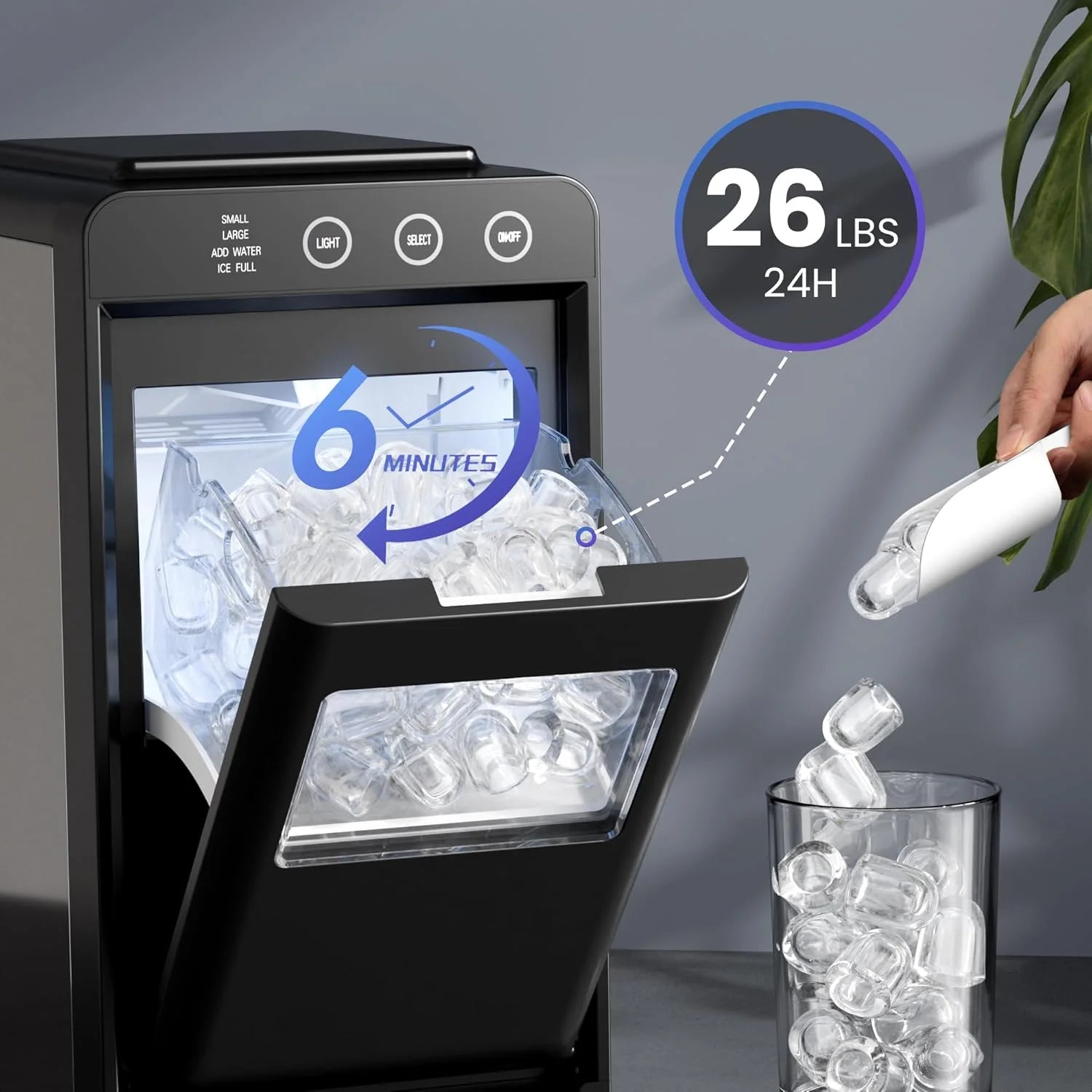 Moifoi Ice Maker Countertop, 26 lbs/24 H, 8 Pcs Ice  in 6 Mins, Portable Ice Maker Machine with Self-Cleaning, Interior Lighting,  2 Sizes Bullet Ice, Black