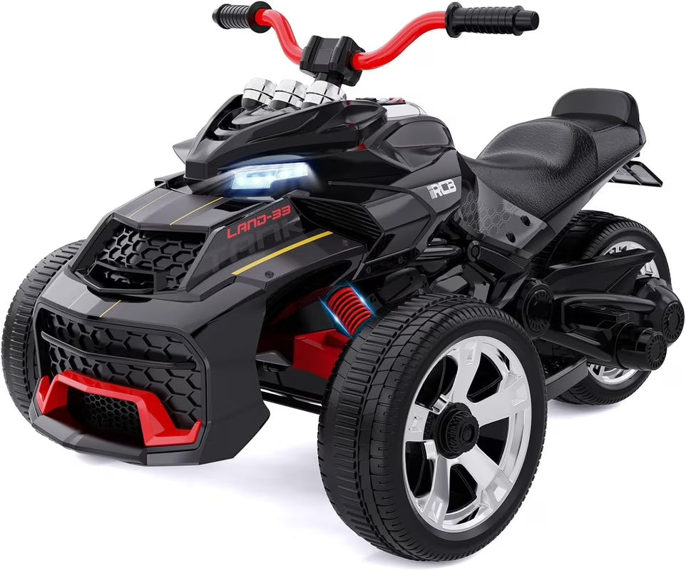 12V Electric Ride-On,Dual Motors,Music,Up to 5 mph,3 Wheel ATV Style for Kids Ages 3+,Black