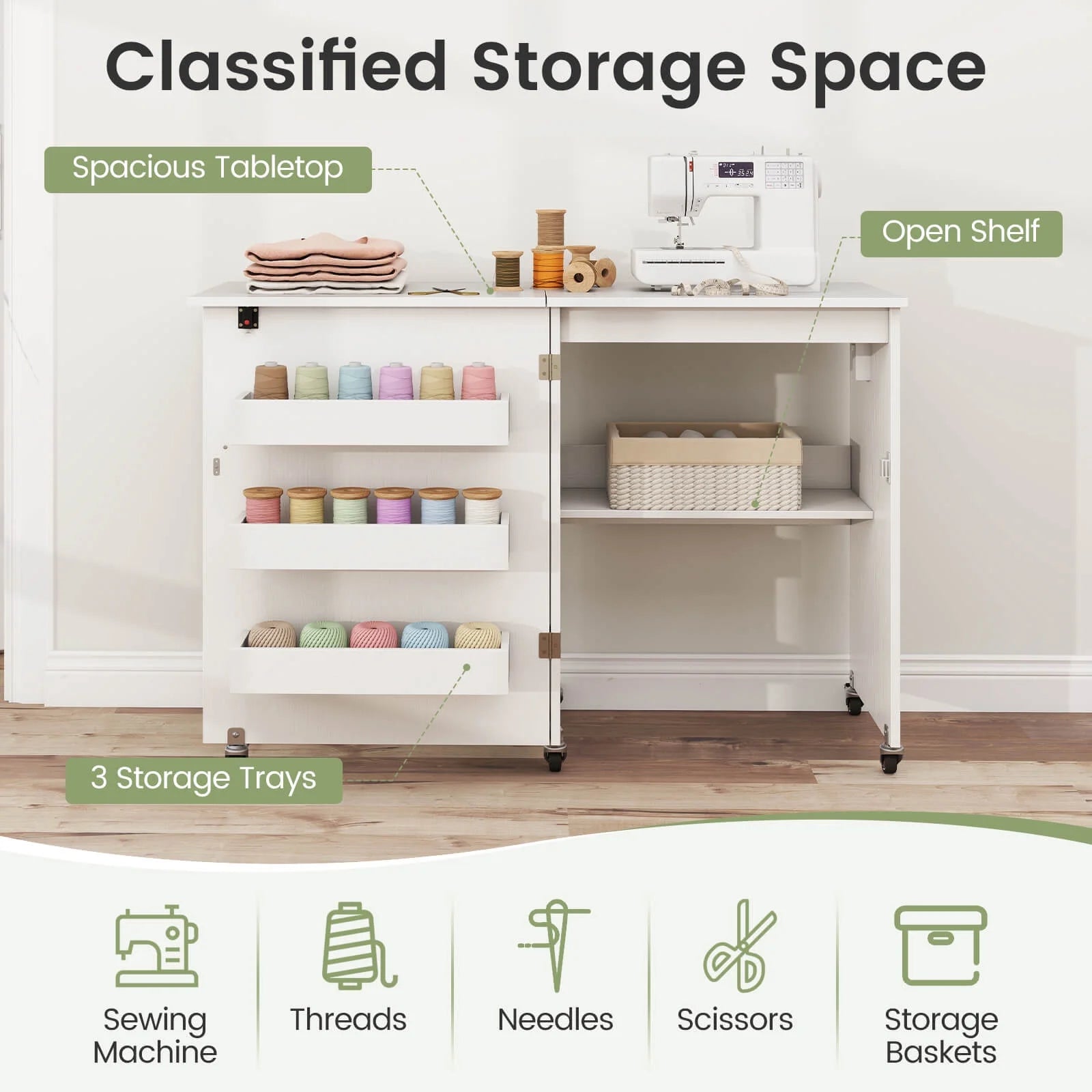 Costway Folding Sewing Table Rolling Craft Station with 3 Storage Bins & Charging Station White+natural