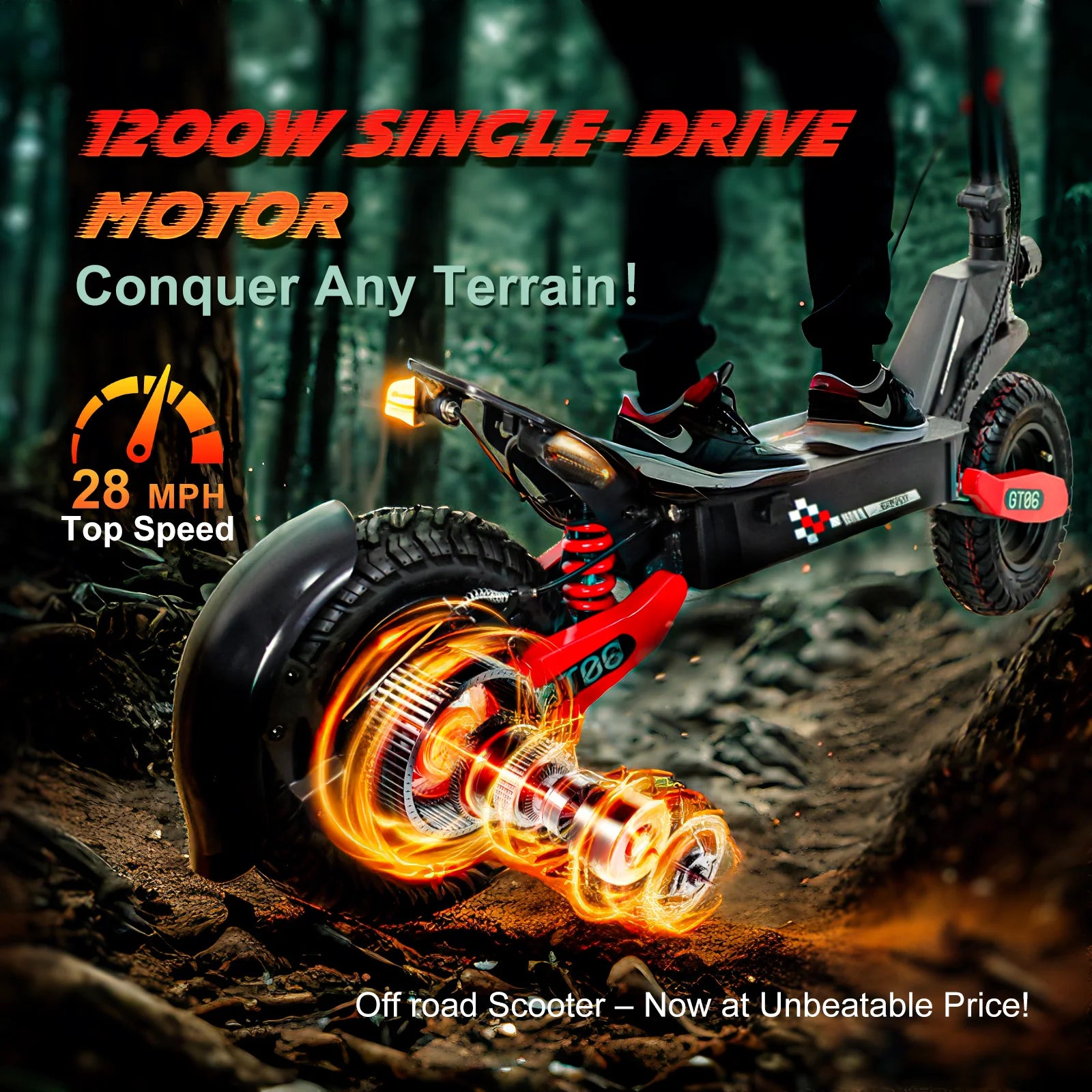 Off Road Electric Scooter for Adults, 1200W Motor Fast E Scooter, Up to 28MPH Top Speed & 20Miles Long Range, 11" Off-Road Tires, 330lbs MAX Load, Foldable