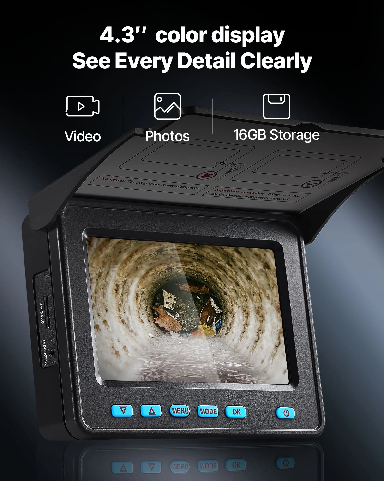 VEVOR Sewer Camera, 98 ft/30m, 4.3" Drain Inspection Camera, IP68 Waterproof Snake Plumbing Camera with Lights - 6 Adjustable LEDs, 4500mAh Battery & 16GB Card for Sewer Line Duct Pipes