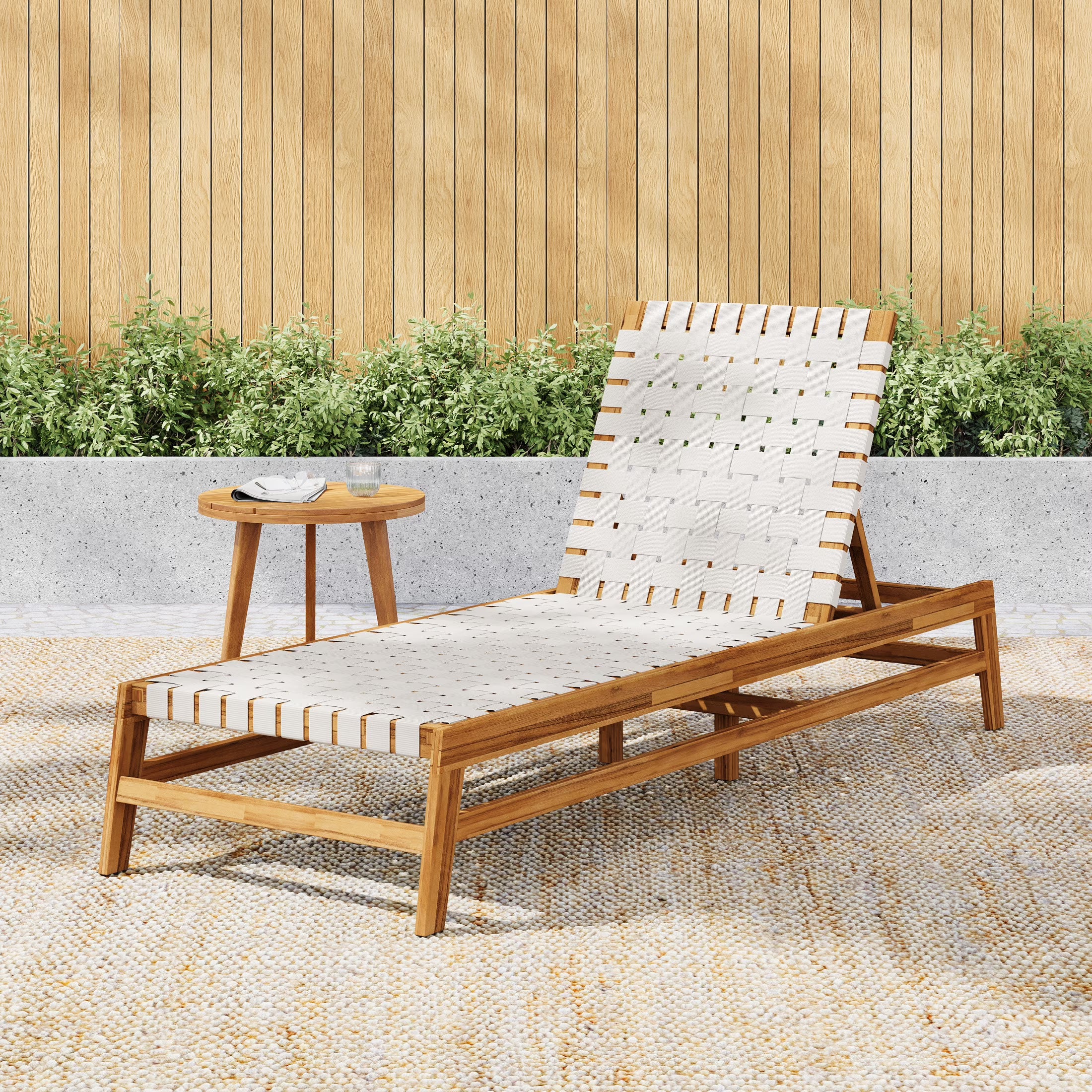 Outdoor Wood Chaise Lounge Chair, Adjustable 4-Position Recliner with Rope Seat, Teak