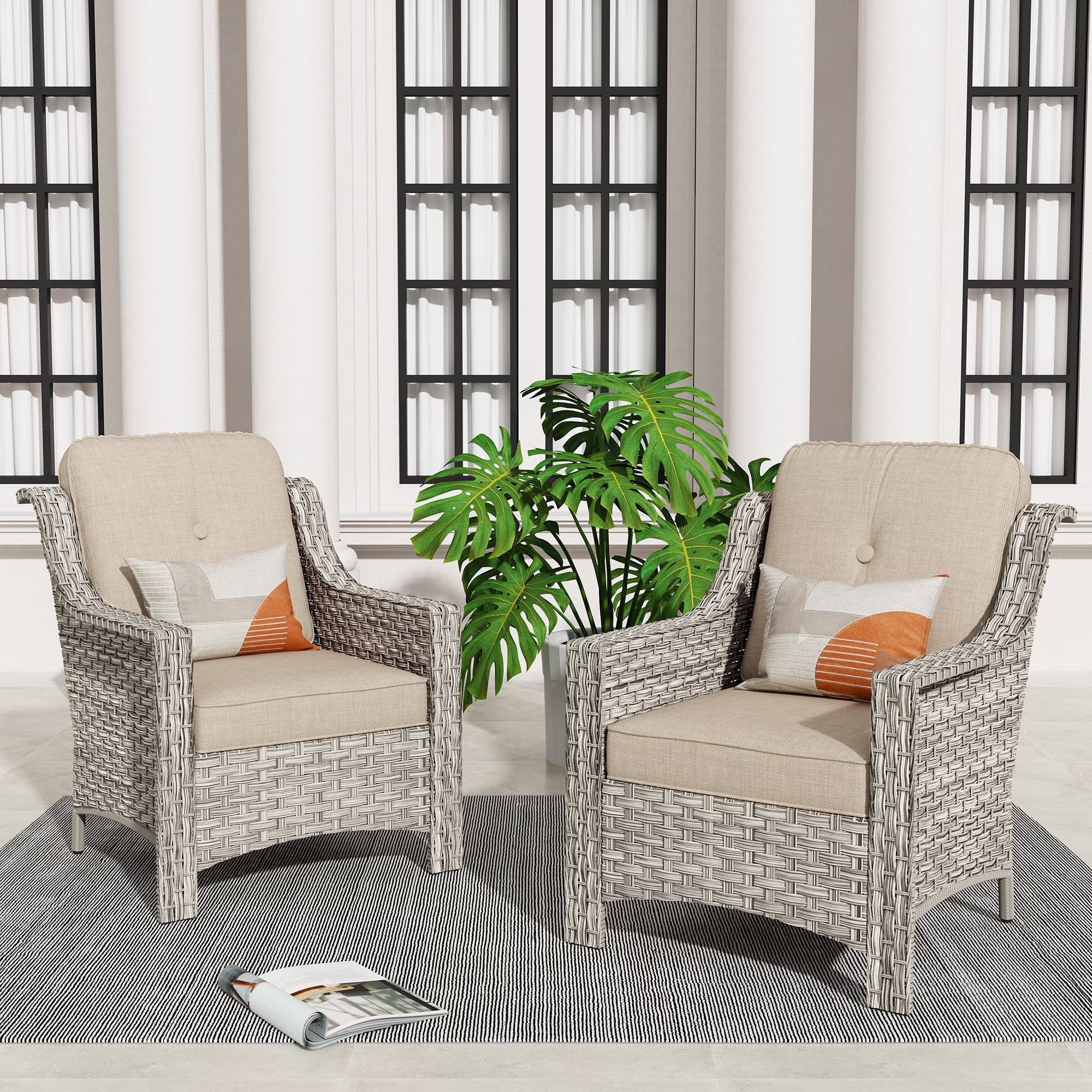 Backyard Single Chairs Set 2 Metal Wicker Rattan with Cushion, Beige Grey / Beige