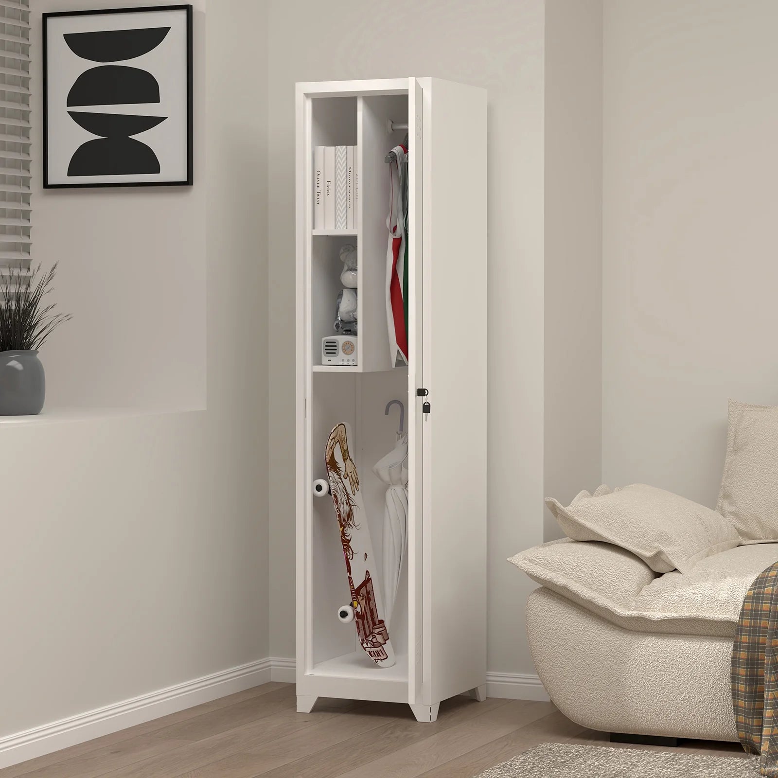 Marcree Slim Broom Storage Cabinet, Metal Cabinet with Shelves and Hanging Rod, 65" Utility Storage Cabinet with Locking Door, Tall Cleaning Storage Cabinet for Kitchen, Pantry, Office, Shop, Garage