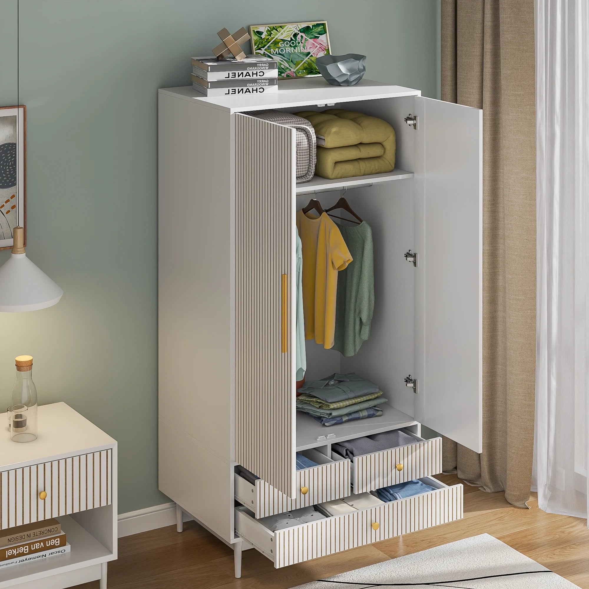 Armoire Wardrobe Closet with 2 Doors, Wardrobe Cabinet with Hanging Rod and Drawers, Wooden Closet for Bedroom, White