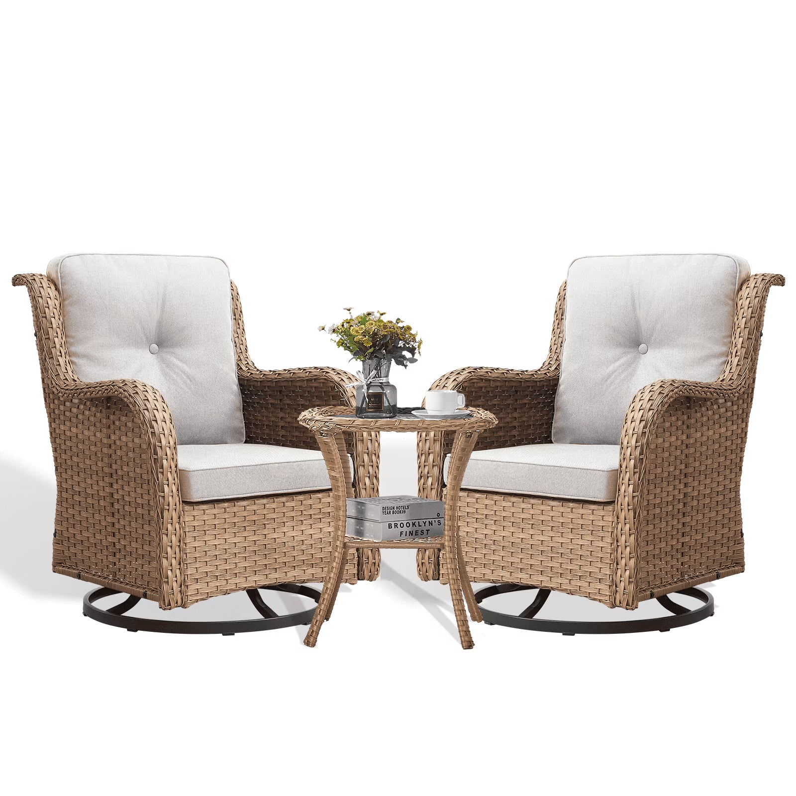 3 Piece Patio Set Outdoor Wicker Glider Rocking and Swivel Chairs with Cushions