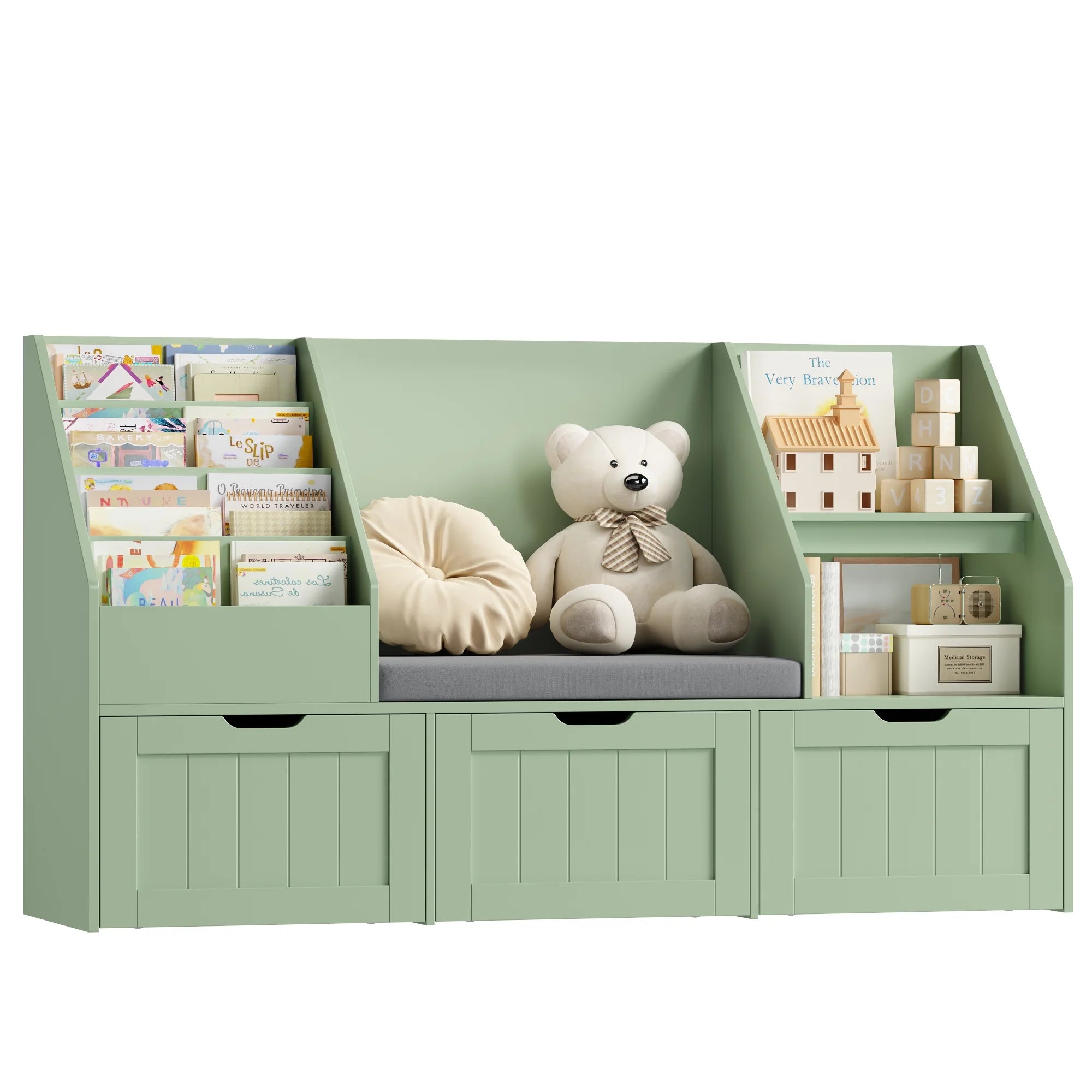 Homfa Kids Bookshelf with Reading Nook & 3 Movable Drawers, 2 Cube Bookcase with 4-Tier Book Racks, Toy Storage Organizer for Playroom Bedroom, White