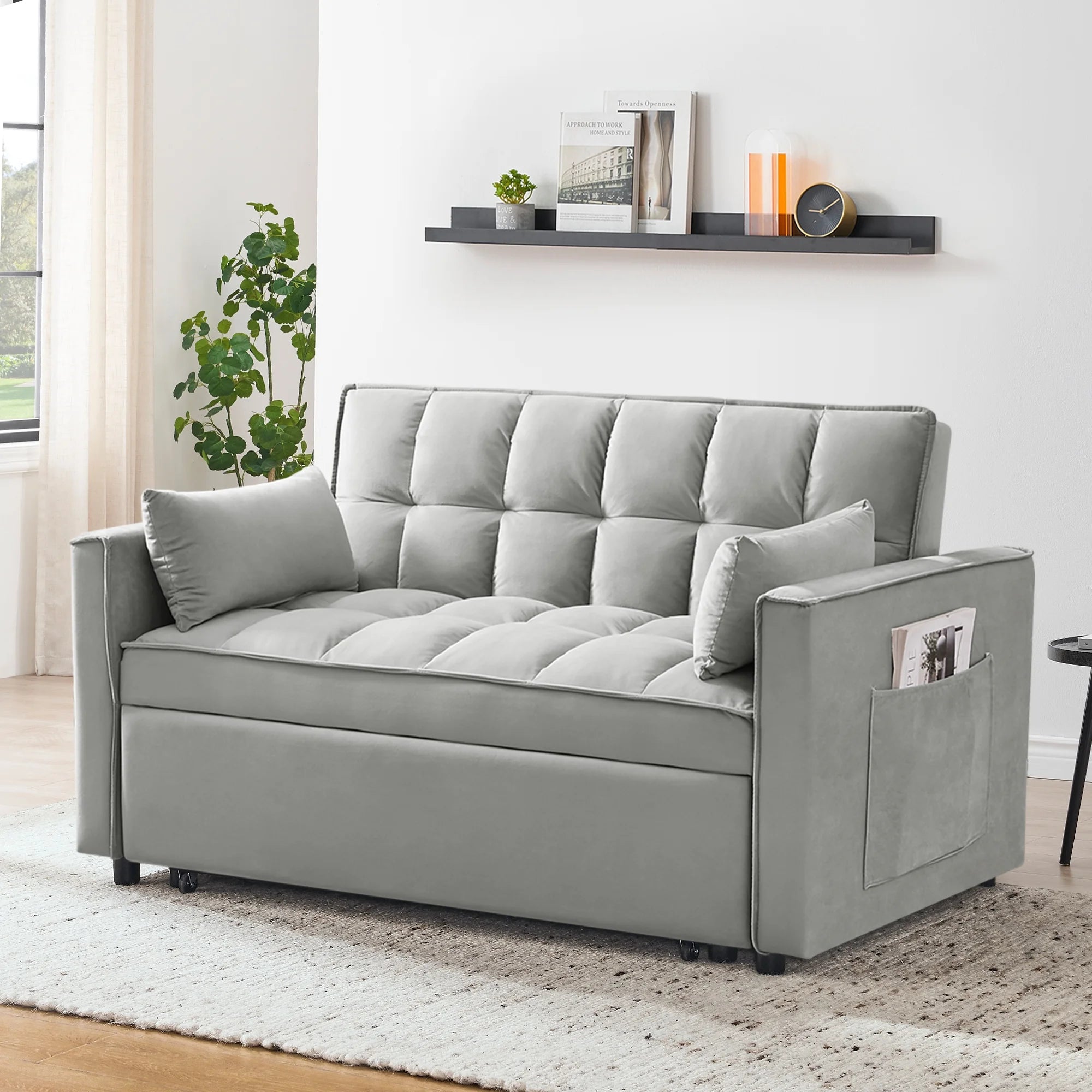 Convertible Sofa Bed,3-in-1 Sleeper Sofa with Pull Out Bed,Velvet Highly Elastic Sponge Futon Couch Loveseat with Adjustable Backrest and 2 Pillows for Living Room,Gray