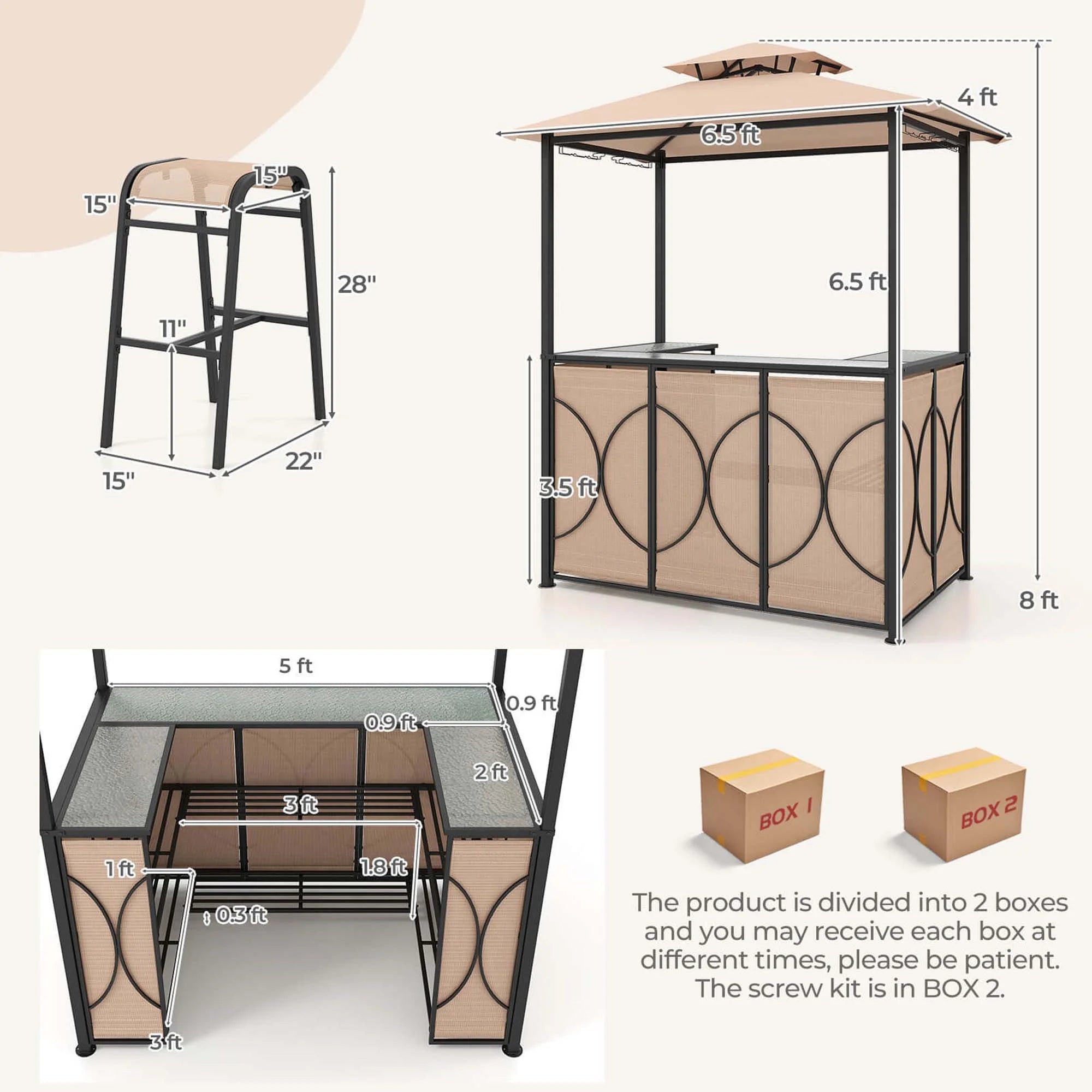 Costway 3 PCS Patio Bar Set with Tempered Glass Bar Table Metal Storage Shelves for Garden Grey