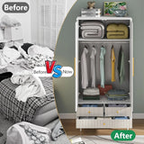 Armoire Wardrobe Closet with 2 Doors, Wardrobe Cabinet with Hanging Rod and Drawers, Wooden Closet for Bedroom, White