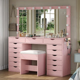 Yanosaku 15 Drawers Vanity Desk with Power Outlet, Makeup Table with Mirror and 13 LED Lights, 3 Color Lighting Modes, Brightness Adjustable, Glass Top Dressing Table, Vanity Set for Bedroom