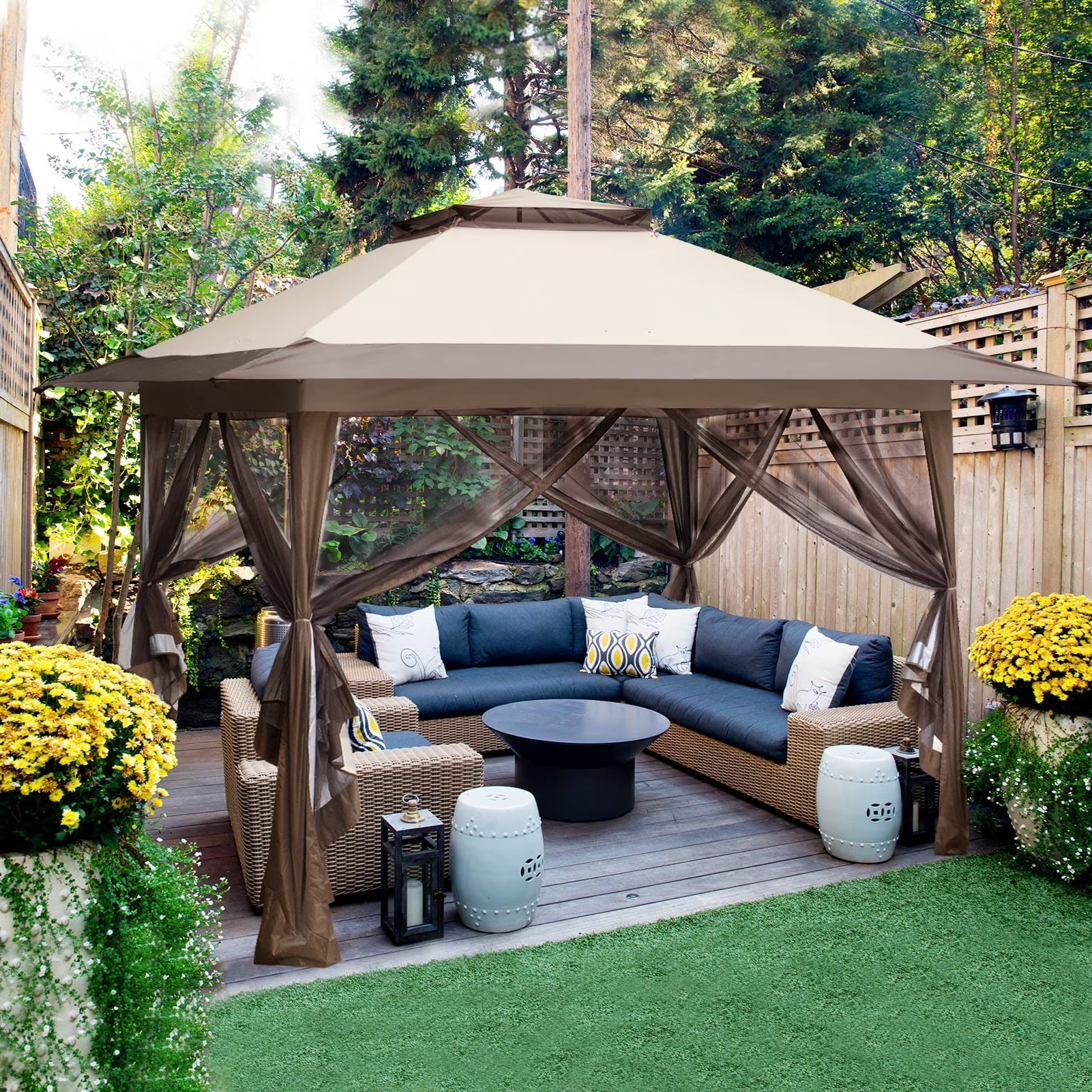 13' x 13' Pop-Up Gazebo Tent Instant w/Mosquito Netting，Outdoor Gazebo Canopy Easy Set-up Folding Shelter (Beige/Brown)