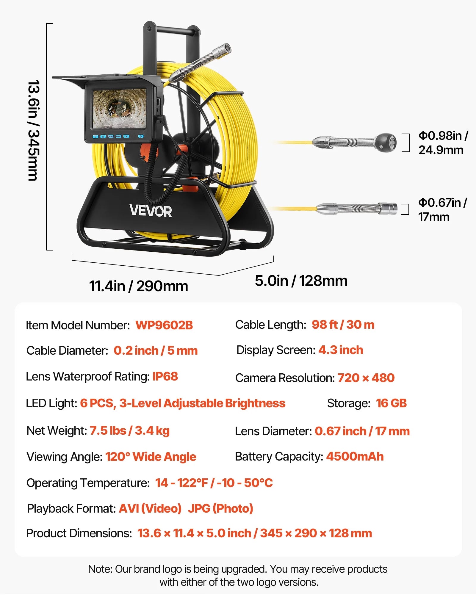 VEVOR Sewer Camera, 98 ft/30m, 4.3" Drain Inspection Camera, IP68 Waterproof Snake Plumbing Camera with Lights - 6 Adjustable LEDs, 4500mAh Battery & 16GB Card for Sewer Line Duct Pipes