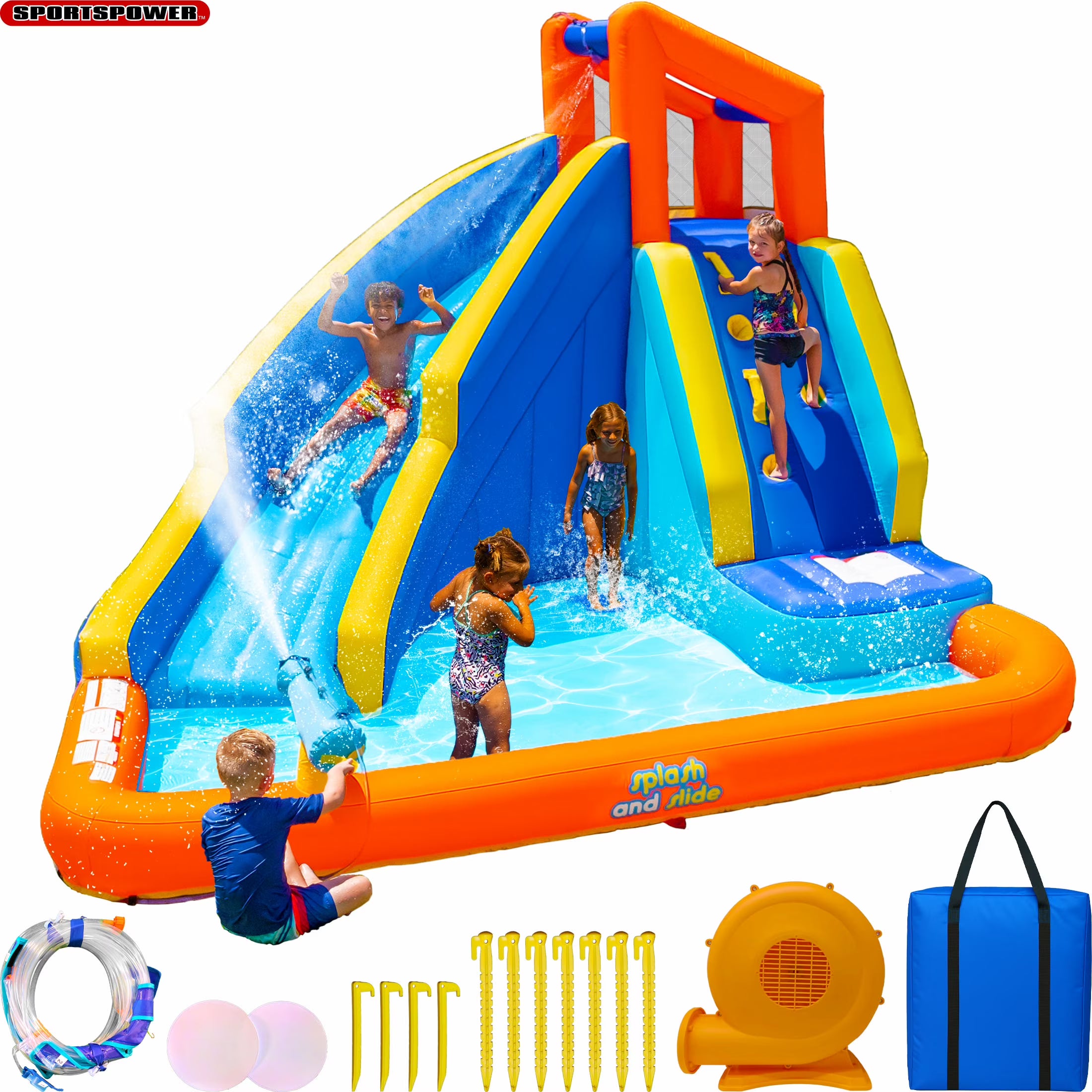 Big Wave II Inflatable Water Slide with Climbing Wall & Splash Pool, Ages 3-8, Heavy Duty, ASTM Certified, Lifetime Warranty on Included Blower