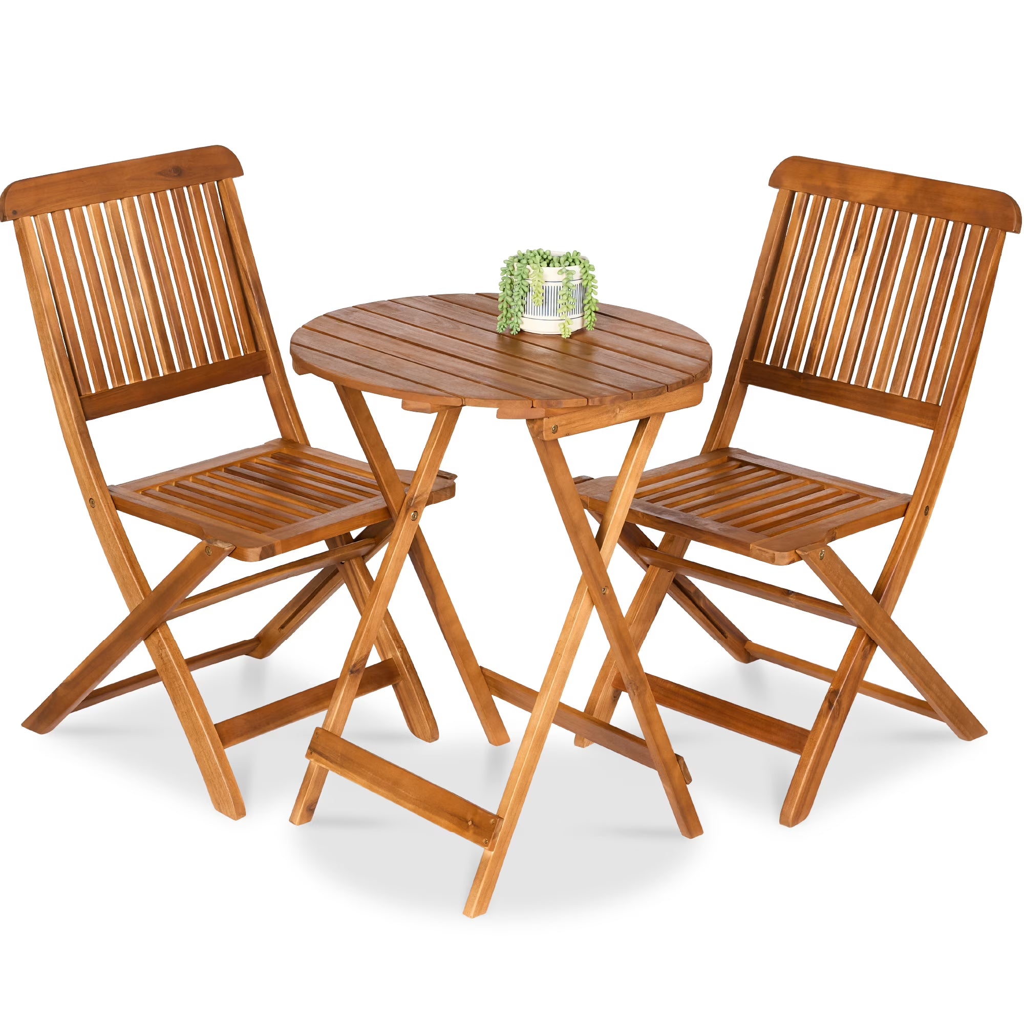 3-Piece Acacia Wood Bistro Set, Folding Patio Furniture w/ 2 Chairs, Table - Natural