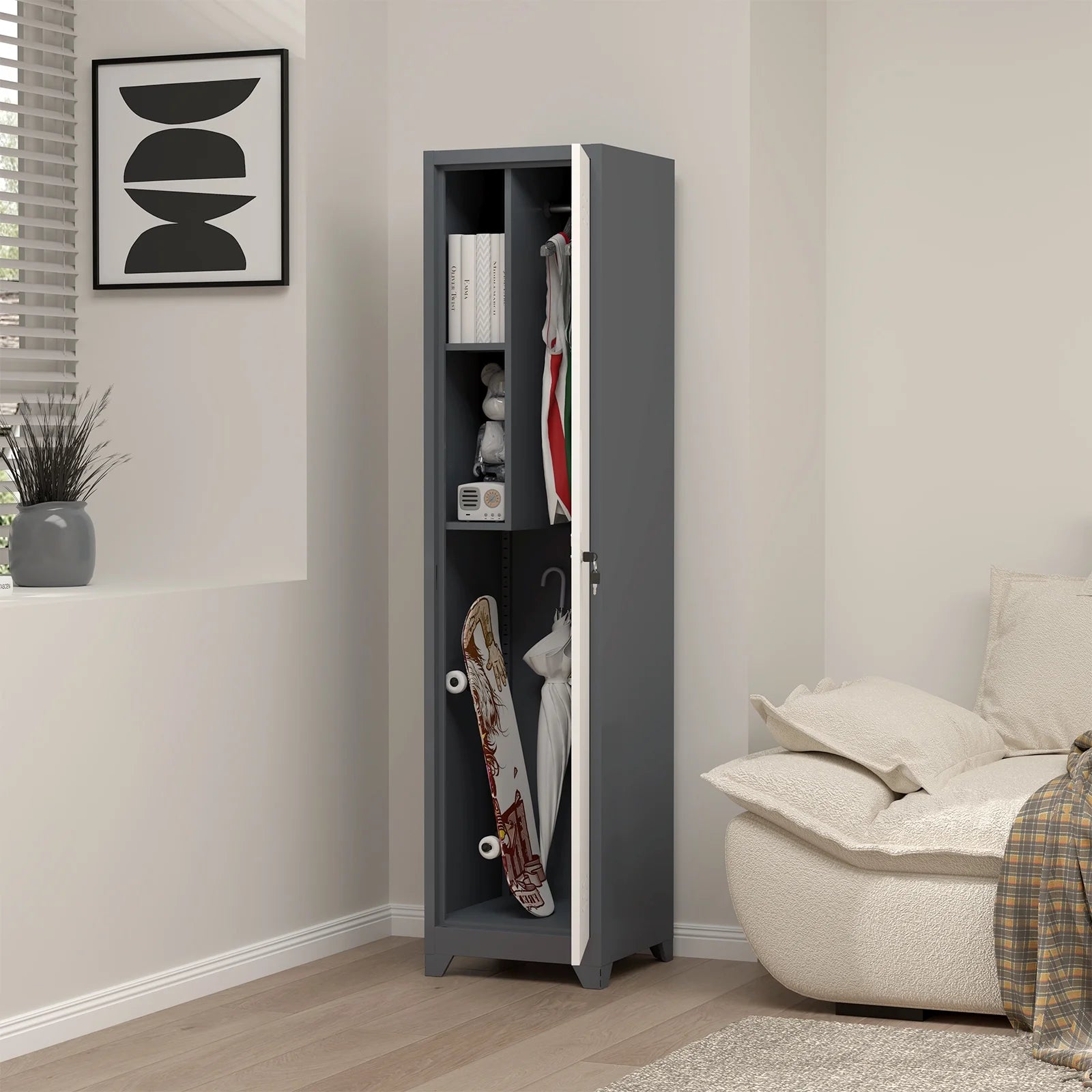 Marcree Slim Broom Storage Cabinet, Metal Cabinet with Shelves and Hanging Rod, 65" Utility Storage Cabinet with Locking Door, Tall Cleaning Storage Cabinet for Kitchen, Pantry, Office, Shop, Garage