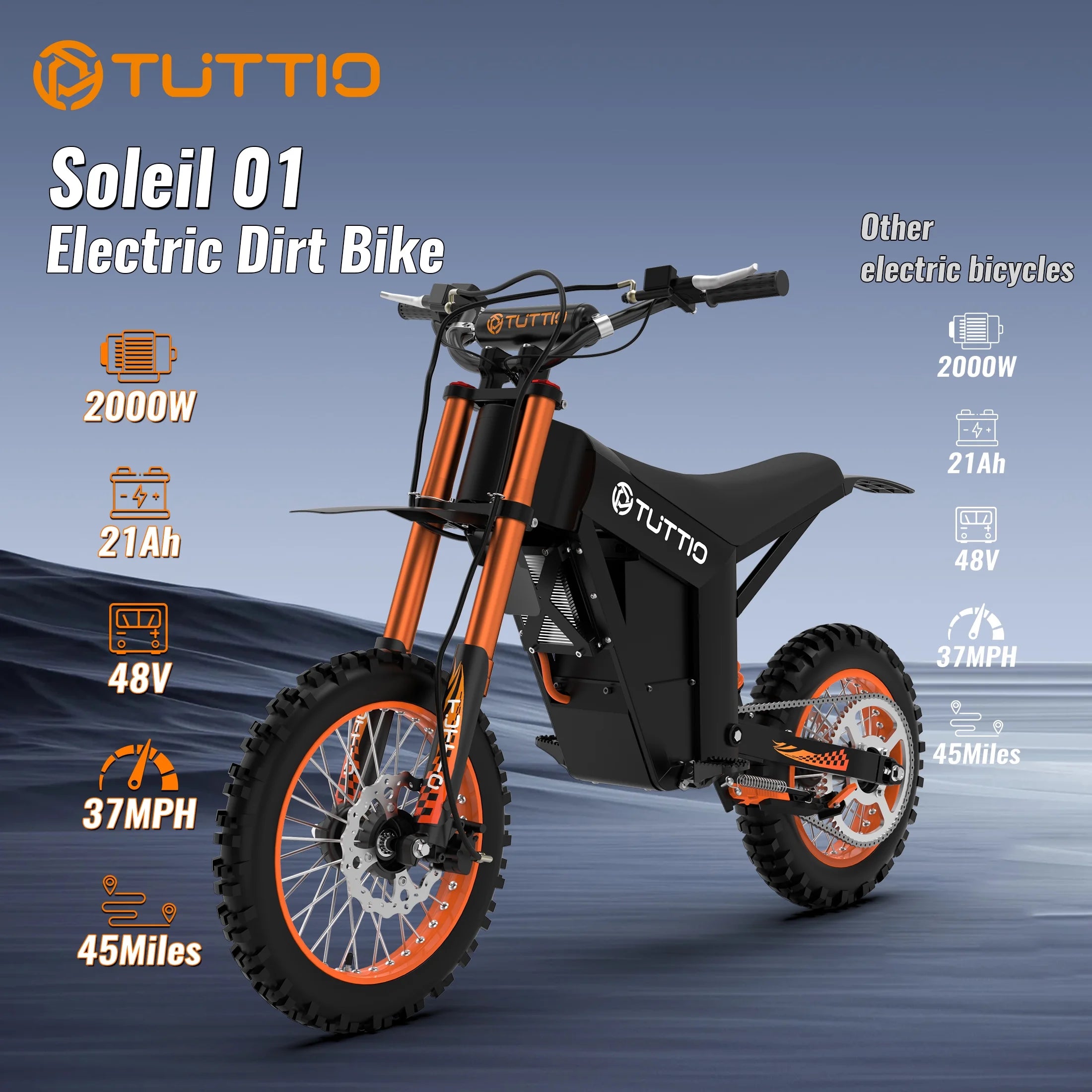 TUTTIO Soleil01 Adult Electric Dirt Bike (with Branded Helmet), 2000W, 48V 21Ah Battery, 37Mph Full Suspension Mountain E-Bike, 200Nm Torque All-Terrain Electric Motorcycle