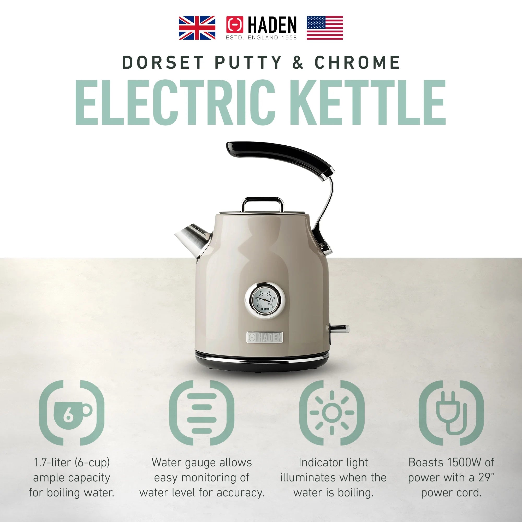 Haden Dorset 1.7 Liter Electric Water Kettle with Base, Putty & Chrome