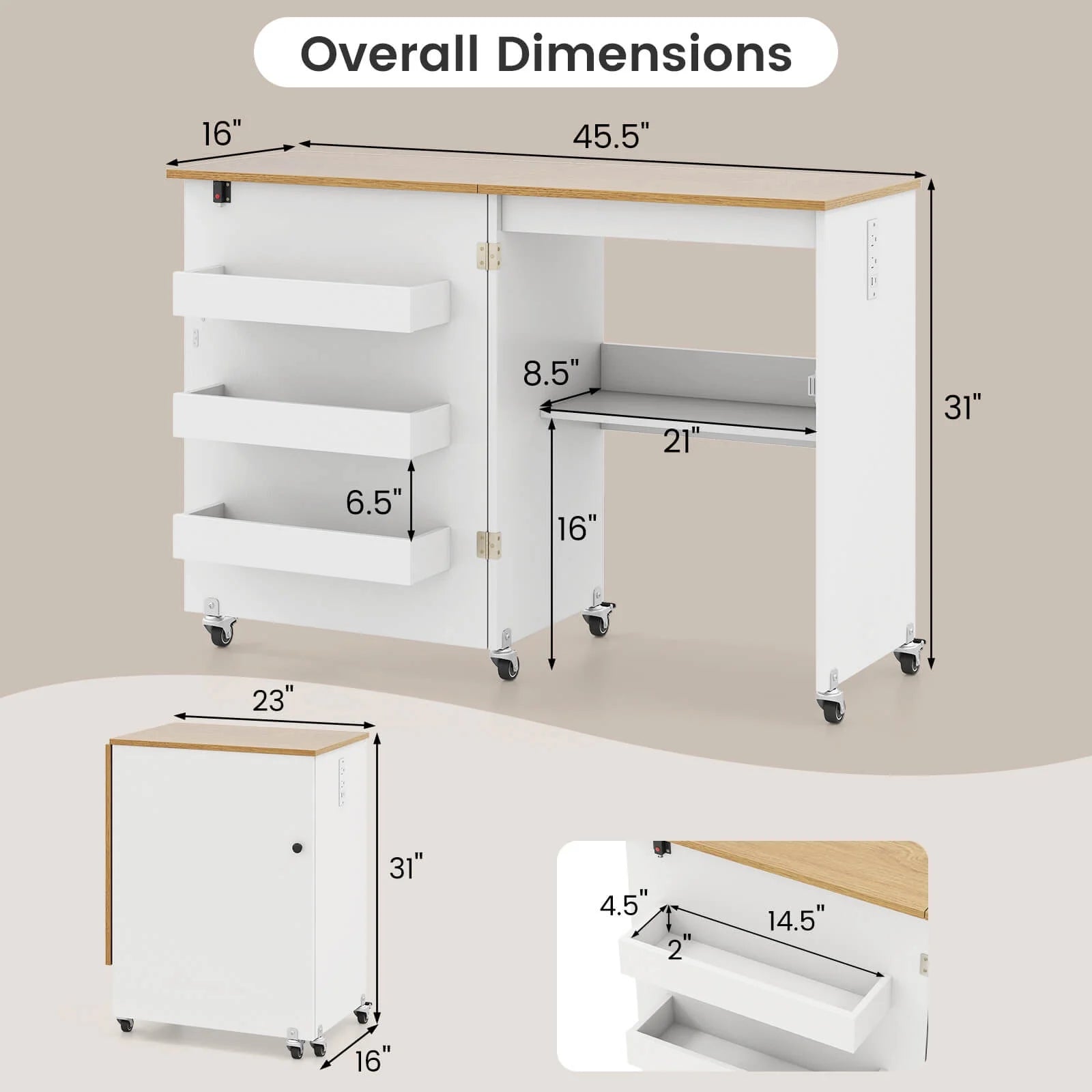 Costway Folding Sewing Table Rolling Craft Station with 3 Storage Bins & Charging Station White+natural