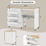 Costway Folding Sewing Table Rolling Craft Station with 3 Storage Bins & Charging Station White+natural