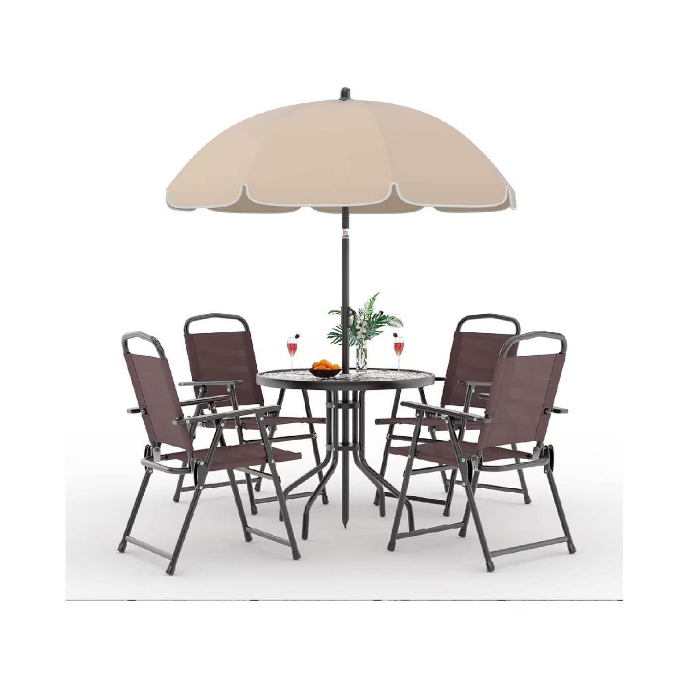 6 Pieces Outdoor Dining Set With Umbrella, Patio Table and 4 Folding Chairs With Umbrella, Garden Patio Furniture Set With Umbrellas, Tempered Glass Top Dining Table