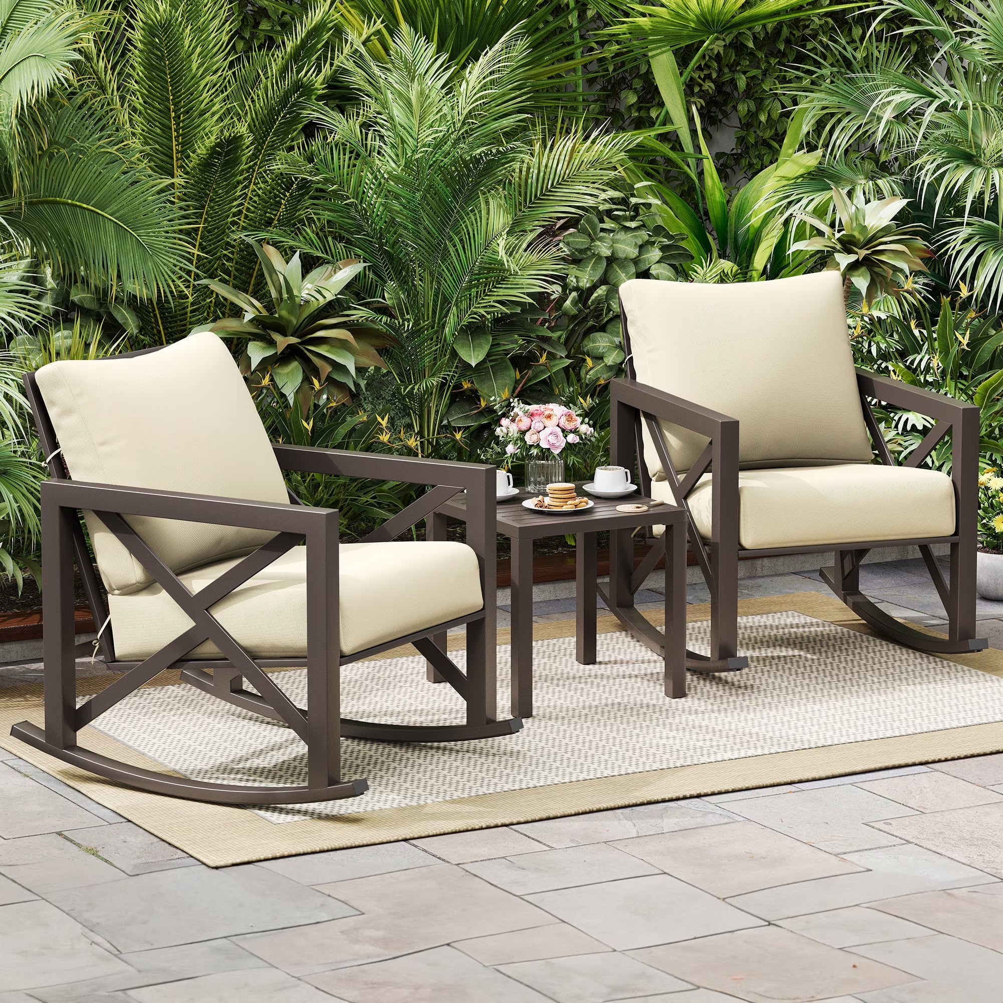 Rocking Chair Bistro Set,3 Piece Outdoor Patio Furniture Set with 2 Rockers and 1 Metal Coffee Table with Thick Cushions for Porch,Backyard,Poolside,Beige