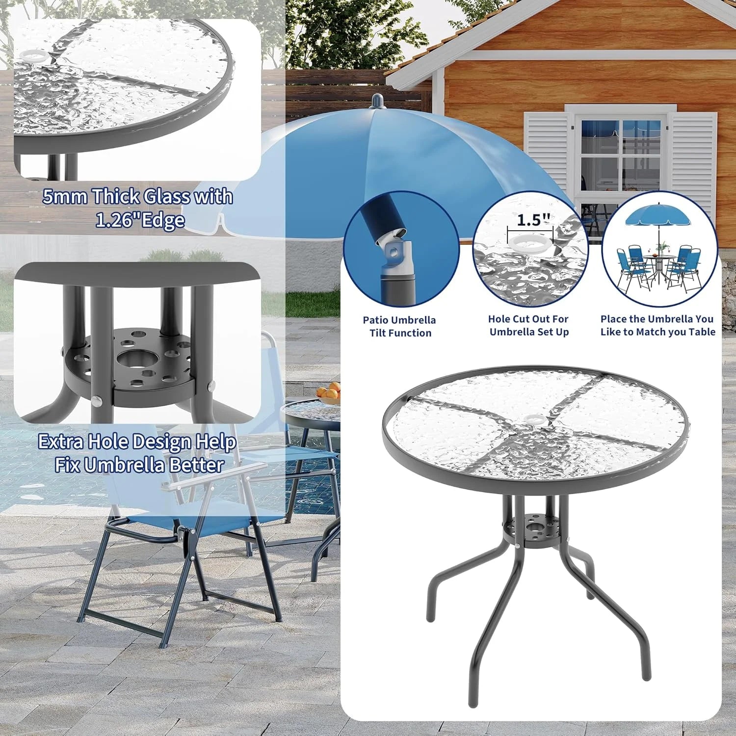 6 Pieces Outdoor Dining Set With Umbrella, Patio Table and 4 Folding Chairs With Umbrella, Garden Patio Furniture Set With Umbrellas, Tempered Glass Top Dining Table