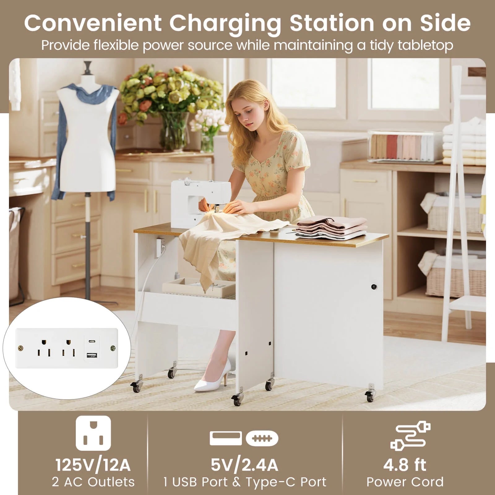 Costway Folding Sewing Table Rolling Craft Station with 3 Storage Bins & Charging Station White+natural